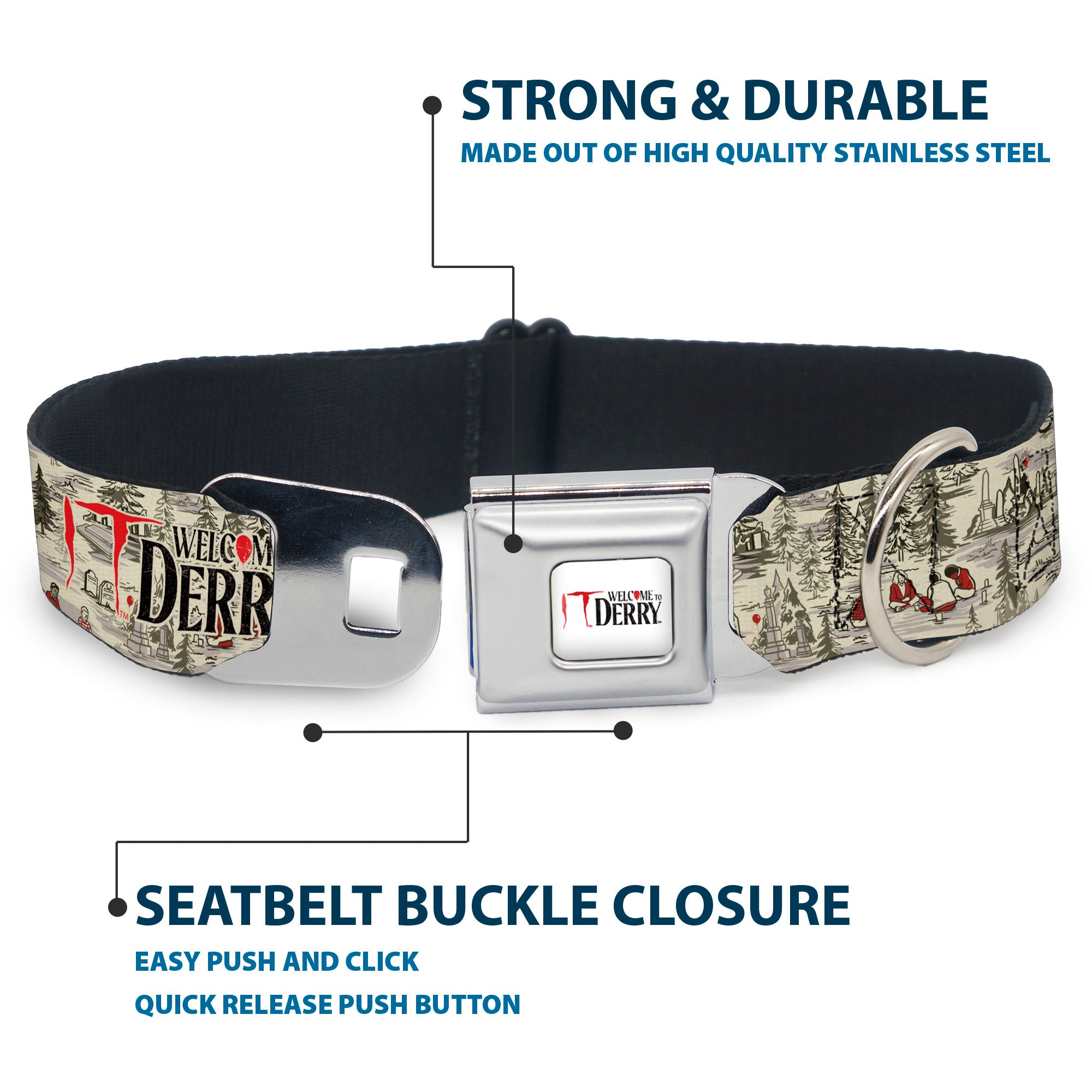 IT WELCOME TO DERRY Title Logo Full Color White Seatbelt Buckle Collar - IT WELCOME TO DERRY Camping Forest Scenery and Title Logo Beige/Grays Seatbelt Buckle Collars IT