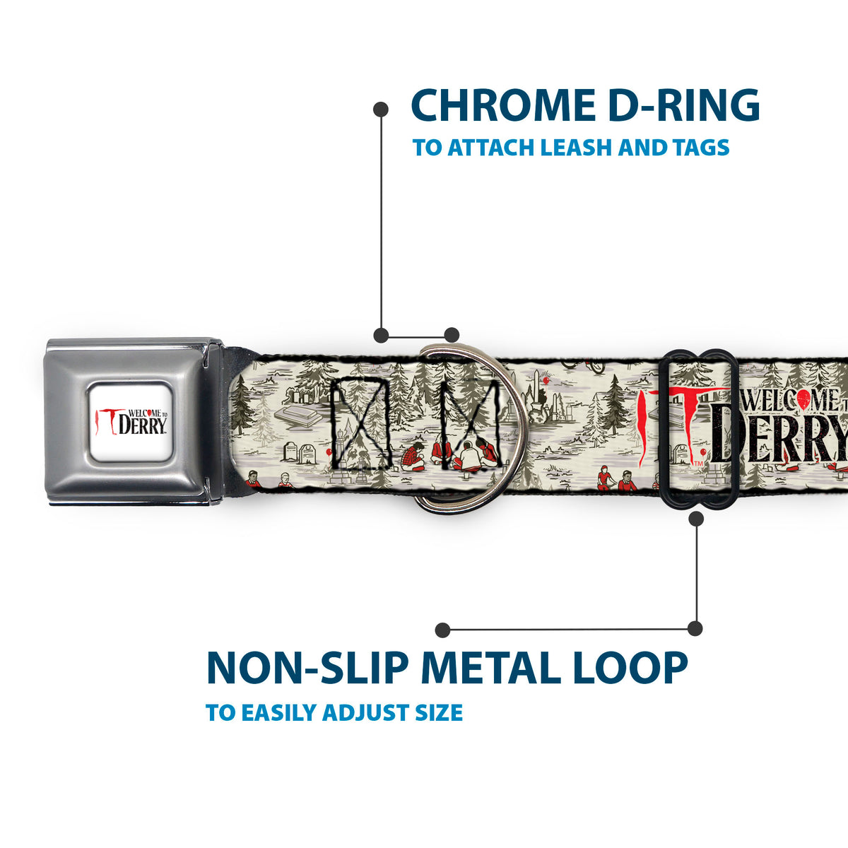 IT WELCOME TO DERRY Title Logo Full Color White Seatbelt Buckle Collar - IT WELCOME TO DERRY Camping Forest Scenery and Title Logo Beige/Grays Seatbelt Buckle Collars IT