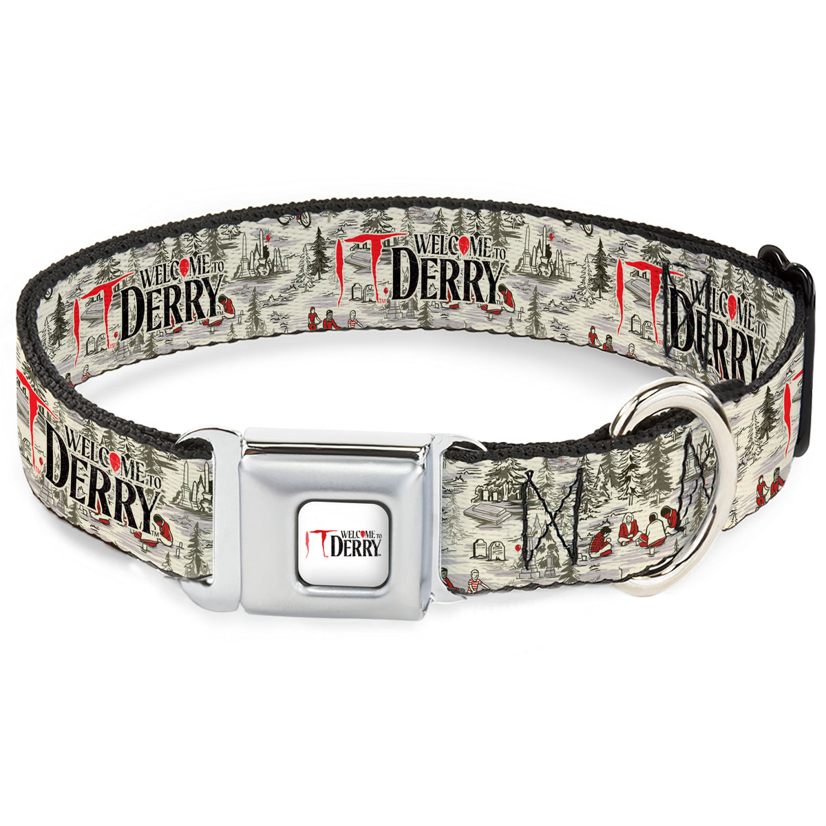 IT WELCOME TO DERRY Title Logo Full Color White Seatbelt Buckle Collar - IT WELCOME TO DERRY Camping Forest Scenery and Title Logo Beige/Grays Seatbelt Buckle Collars IT