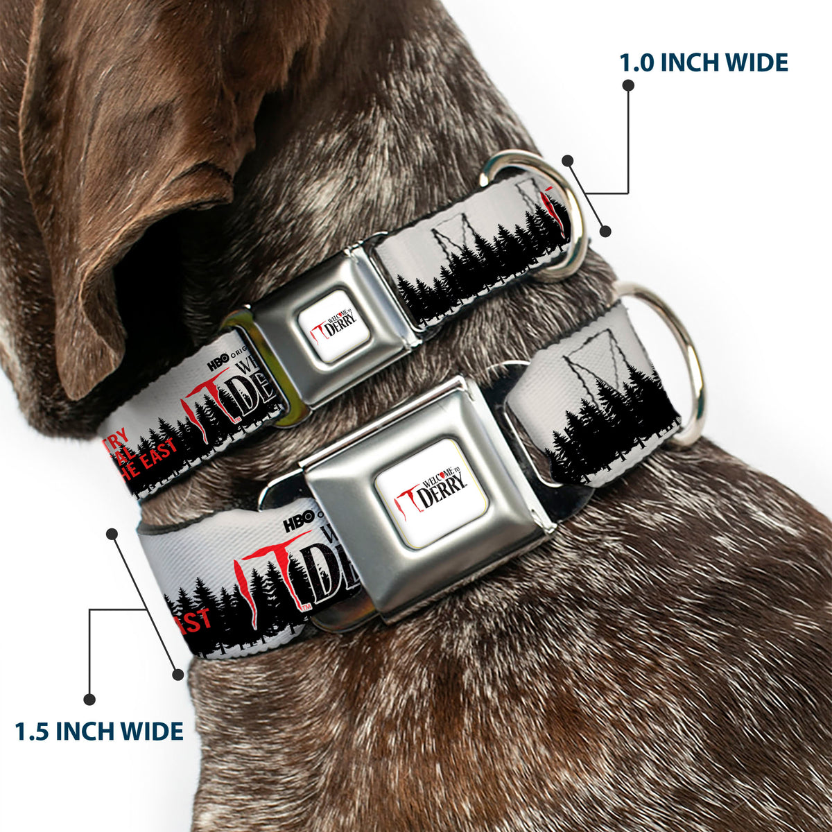 IT WELCOME TO DERRY Title Logo Full Color White Seatbelt Buckle Collar - IT WELCOME TO DERRY Icons and Forest Scenery White/Black/Red Seatbelt Buckle Collars IT