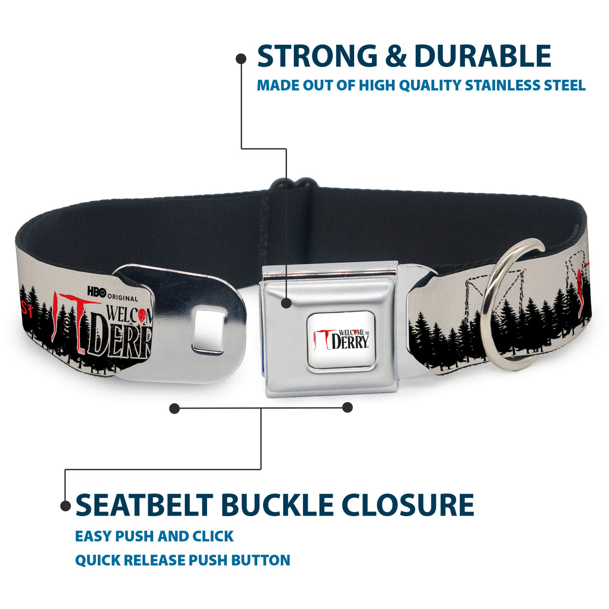 IT WELCOME TO DERRY Title Logo Full Color White Seatbelt Buckle Collar - IT WELCOME TO DERRY Icons and Forest Scenery White/Black/Red Seatbelt Buckle Collars IT