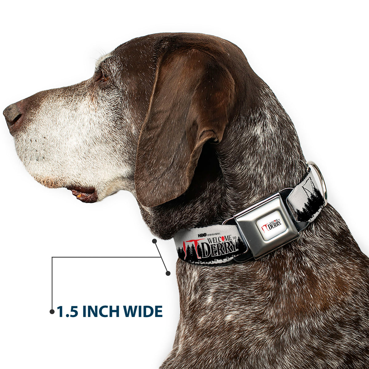 IT WELCOME TO DERRY Title Logo Full Color White Seatbelt Buckle Collar - IT WELCOME TO DERRY Icons and Forest Scenery White/Black/Red Seatbelt Buckle Collars IT