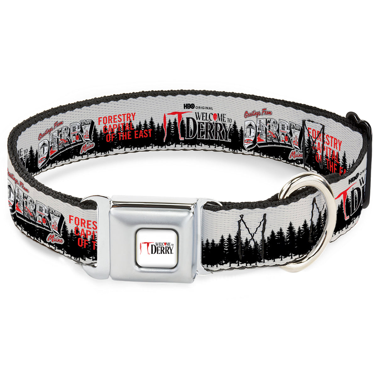 IT WELCOME TO DERRY Title Logo Full Color White Seatbelt Buckle Collar - IT WELCOME TO DERRY Icons and Forest Scenery White/Black/Red Seatbelt Buckle Collars IT
