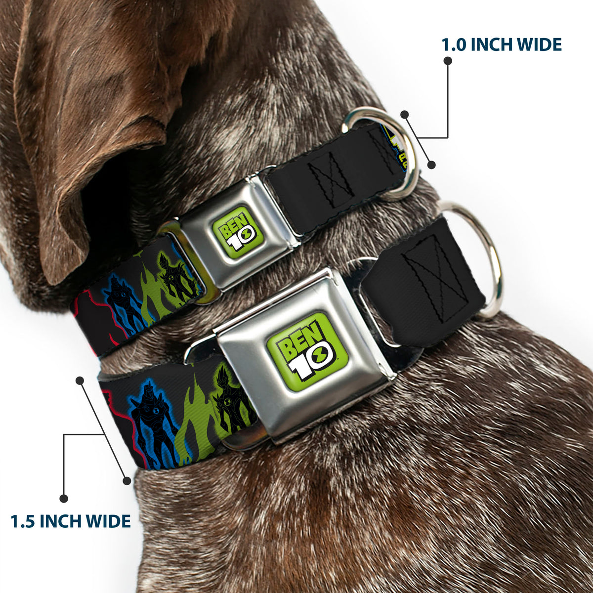 BEN 10 Title Logo Full Color Green/Black/White Seatbelt Buckle Collar - BEN 10 ALIEN FORCE Character Silhouette Group Pose Black/Multi Color Dog Collars Seatbelt Buckle Ben 10