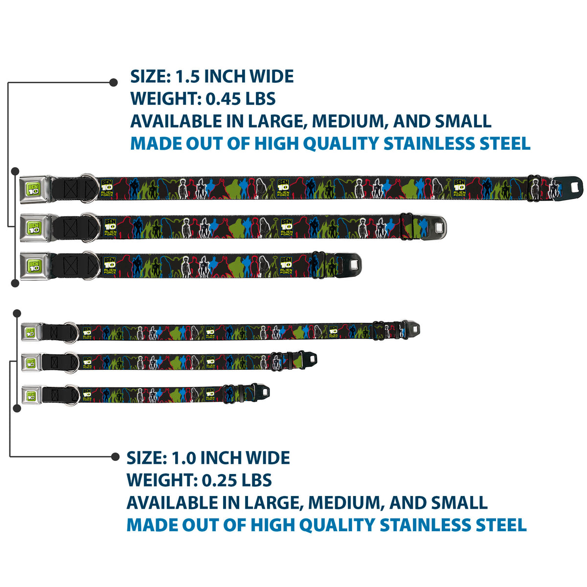 BEN 10 Title Logo Full Color Green/Black/White Seatbelt Buckle Collar - BEN 10 ALIEN FORCE Character Silhouette Group Pose Black/Multi Color Dog Collars Seatbelt Buckle Ben 10