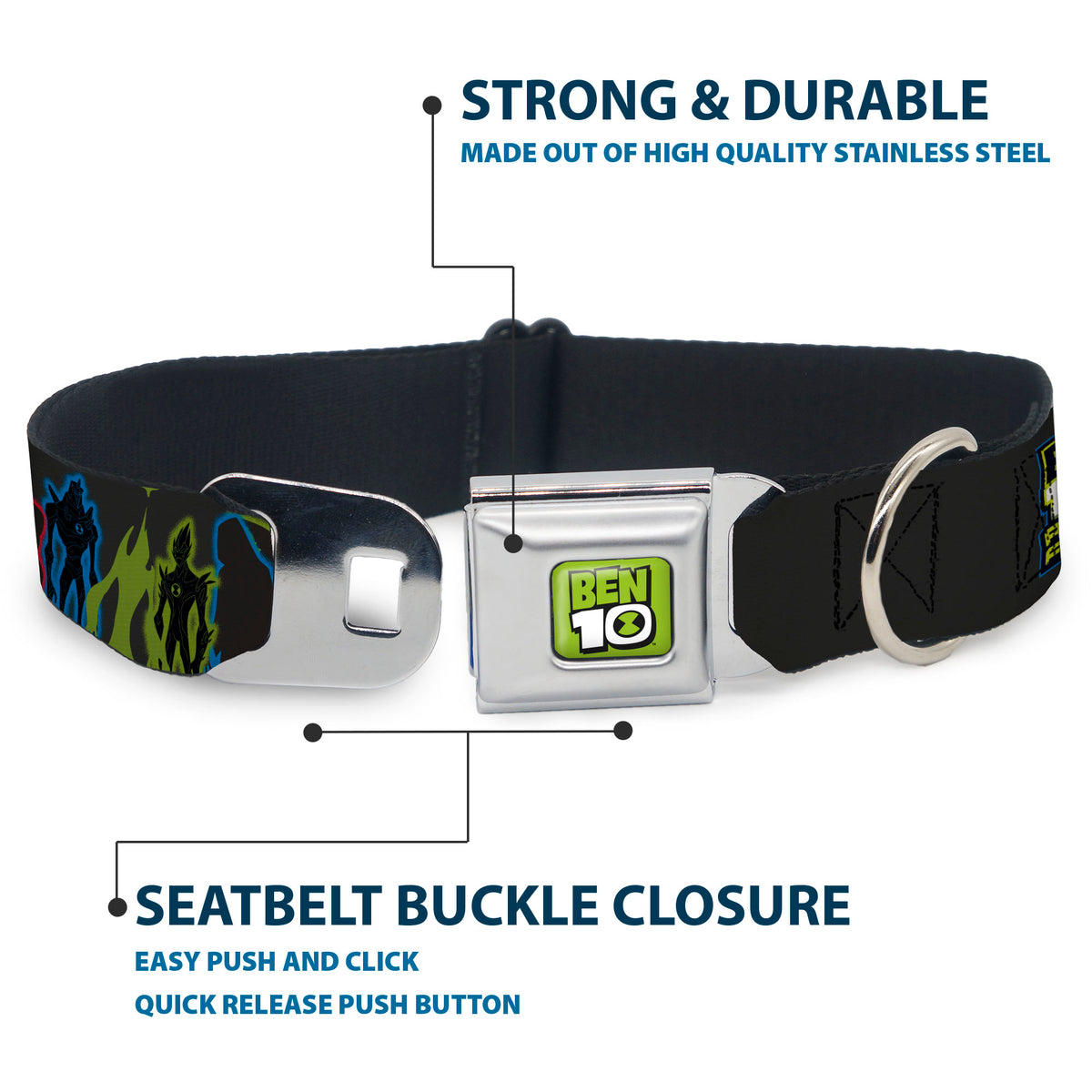 BEN 10 Title Logo Full Color Green/Black/White Seatbelt Buckle Collar - BEN 10 ALIEN FORCE Character Silhouette Group Pose Black/Multi Color Dog Collars Seatbelt Buckle Ben 10