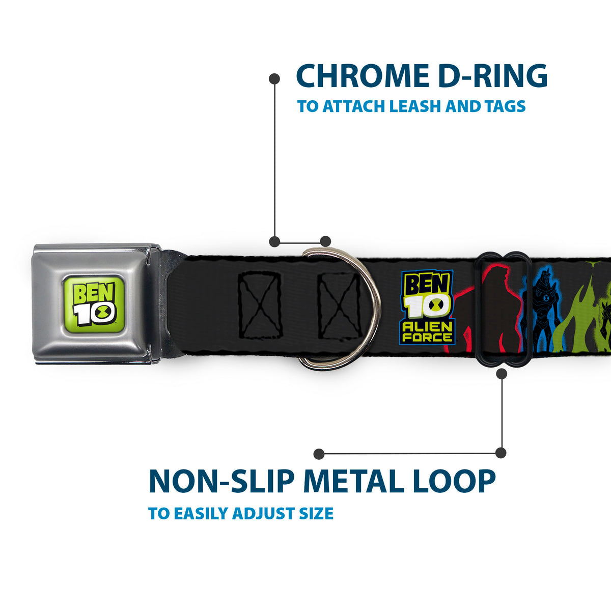 BEN 10 Title Logo Full Color Green/Black/White Seatbelt Buckle Collar - BEN 10 ALIEN FORCE Character Silhouette Group Pose Black/Multi Color Dog Collars Seatbelt Buckle Ben 10