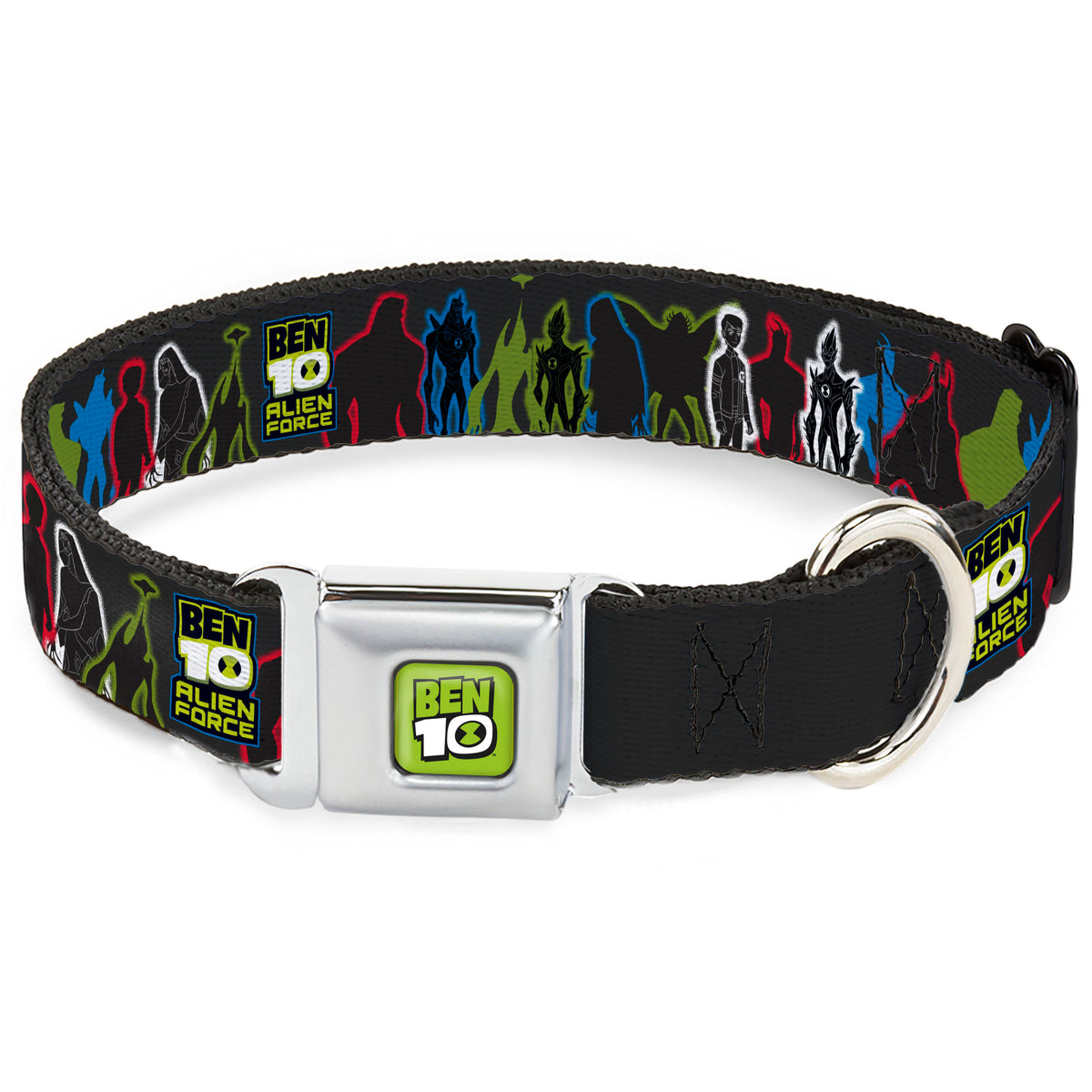 BEN 10 Title Logo Full Color Green/Black/White Seatbelt Buckle Collar - BEN 10 ALIEN FORCE Character Silhouette Group Pose Black/Multi Color Dog Collars Seatbelt Buckle Ben 10