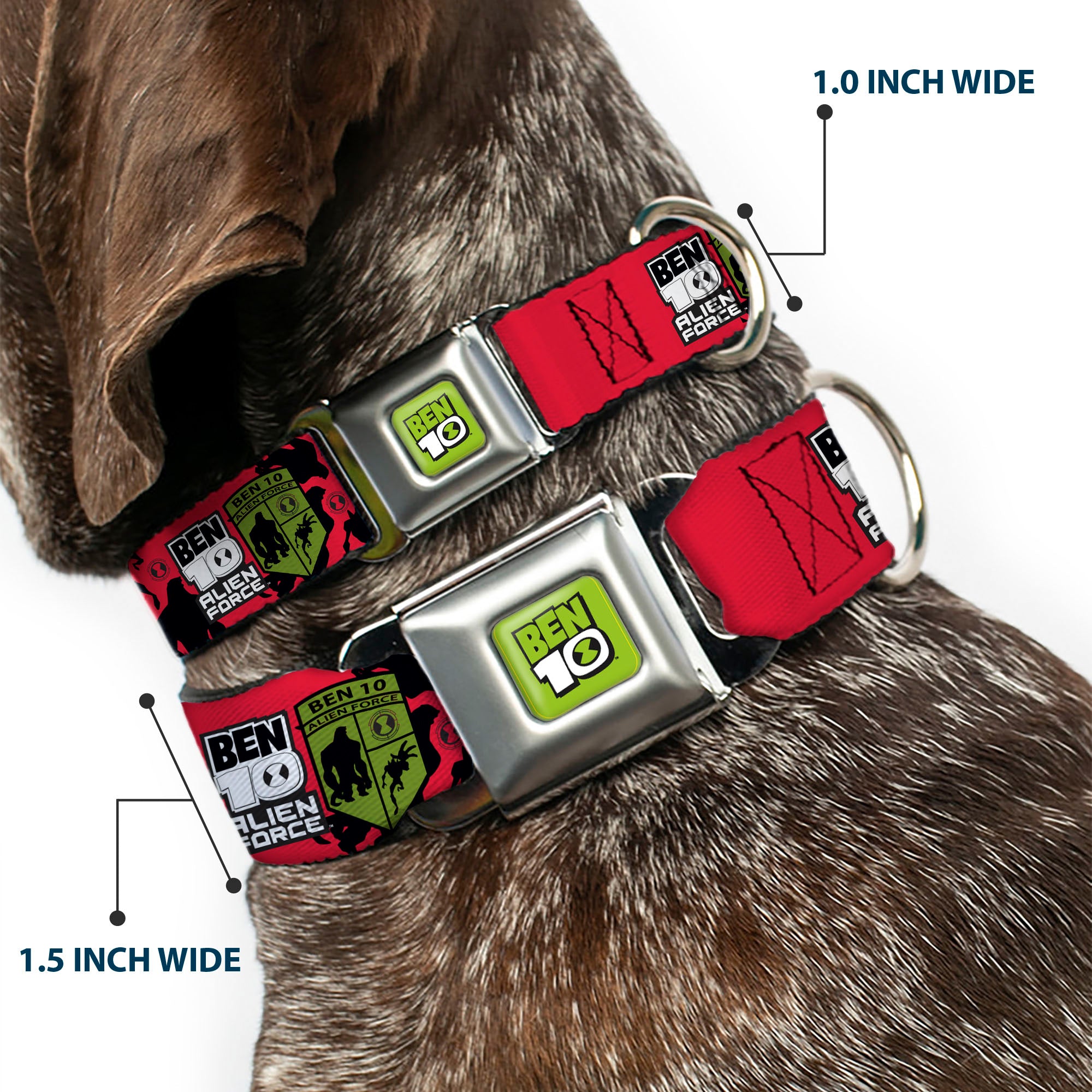 BEN 10 Title Logo Full Color Green/Black/White Seatbelt Buckle Collar - BEN 10 ALIEN FORCE Badge and Character Collage Red/Black/White/Green Seatbelt Buckle Collars Ben 10