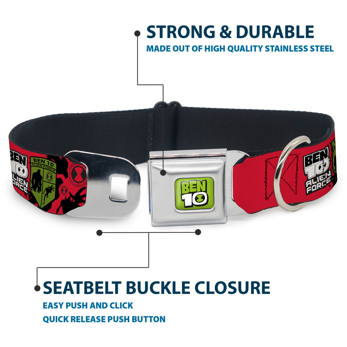 BEN 10 Title Logo Full Color Green/Black/White Seatbelt Buckle Collar - BEN 10 ALIEN FORCE Badge and Character Collage Red/Black/White/Green Seatbelt Buckle Collars Ben 10