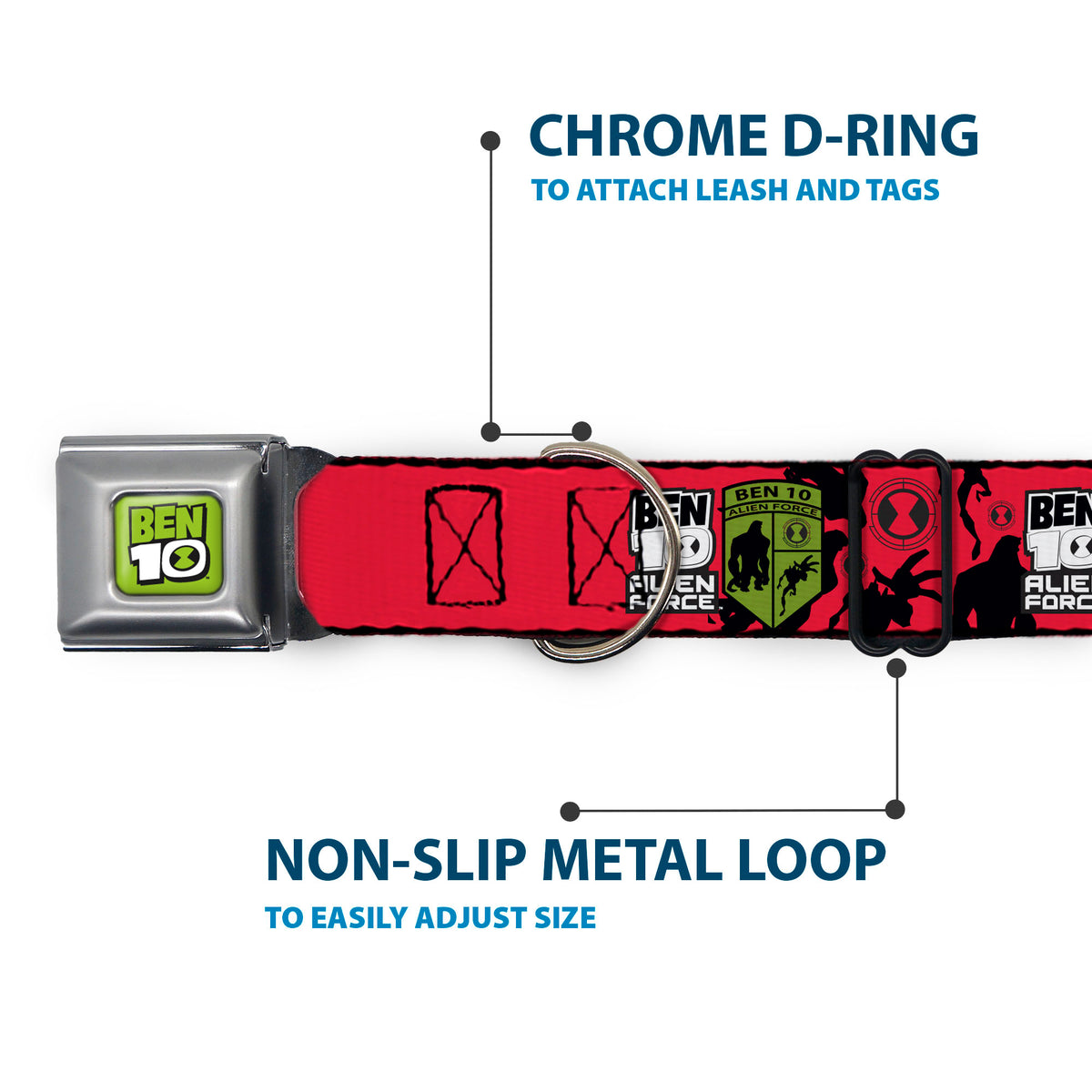 BEN 10 Title Logo Full Color Green/Black/White Seatbelt Buckle Collar - BEN 10 ALIEN FORCE Badge and Character Collage Red/Black/White/Green Seatbelt Buckle Collars Ben 10