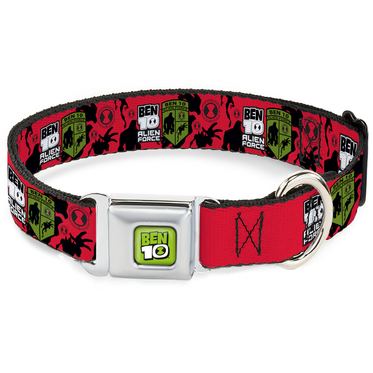BEN 10 Title Logo Full Color Green/Black/White Seatbelt Buckle Collar - BEN 10 ALIEN FORCE Badge and Character Collage Red/Black/White/Green Seatbelt Buckle Collars Ben 10