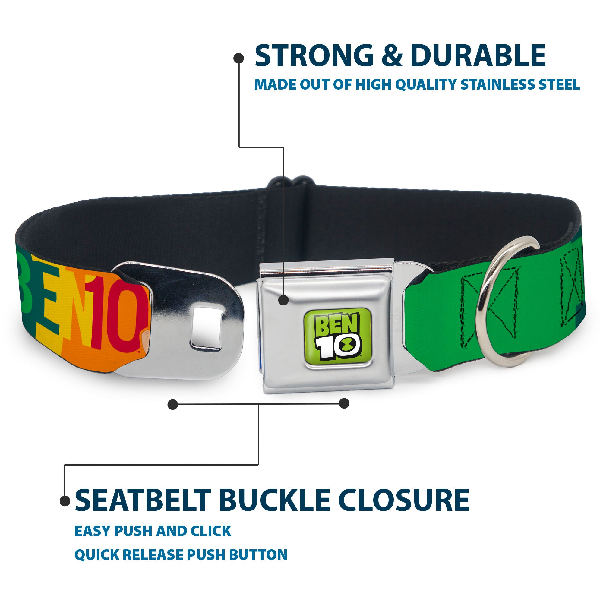 BEN 10 Title Logo Full Color Green/Black/White Seatbelt Buckle Collar - BEN 10 Pose and Text Blocks Multi Color Seatbelt Buckle Collars Ben 10