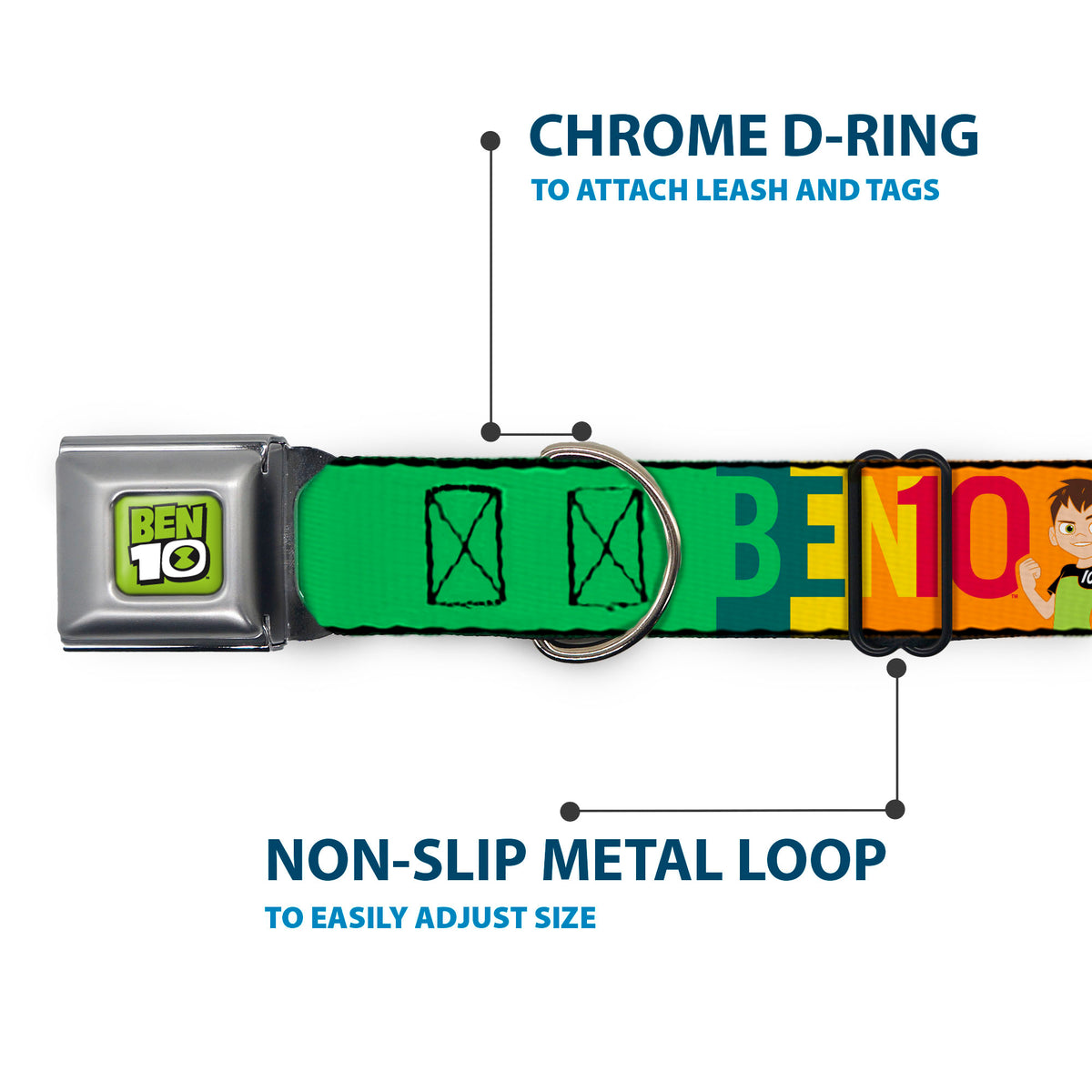BEN 10 Title Logo Full Color Green/Black/White Seatbelt Buckle Collar - BEN 10 Pose and Text Blocks Multi Color Seatbelt Buckle Collars Ben 10