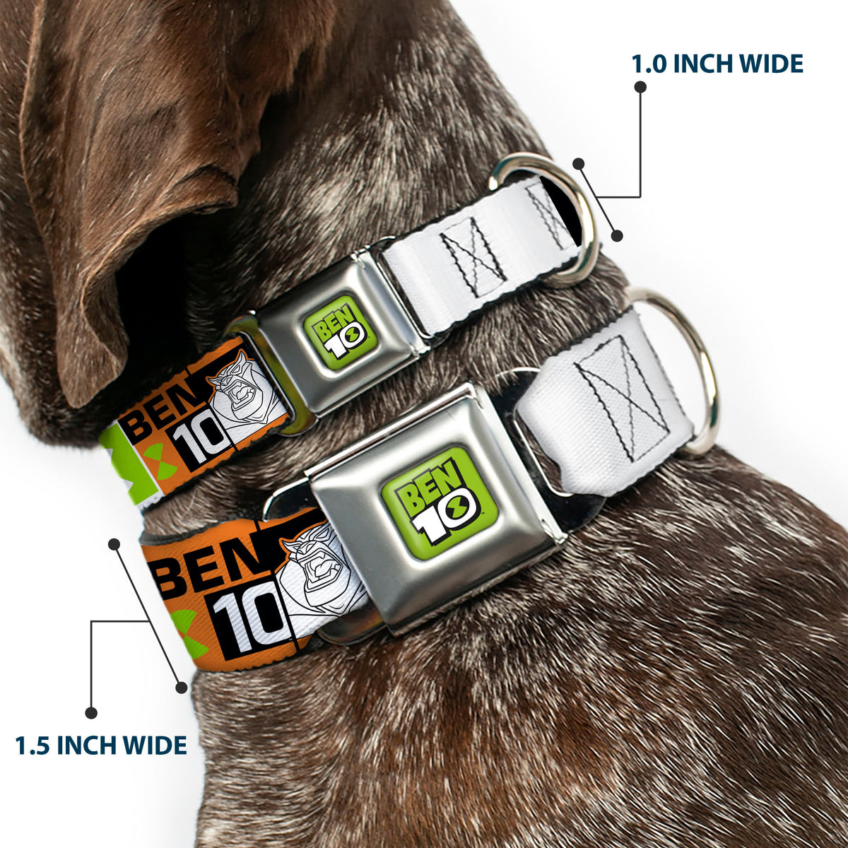BEN 10 Title Logo Full Color Green/Black/White Seatbelt Buckle Collar - BEN 10 Rath and Title Logo Blocks Orange/Green/Black/White Dog Collars Seatbelt Buckle Ben 10