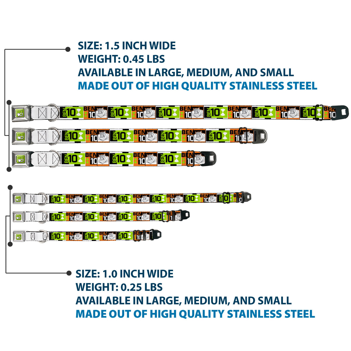 BEN 10 Title Logo Full Color Green/Black/White Seatbelt Buckle Collar - BEN 10 Rath and Title Logo Blocks Orange/Green/Black/White Dog Collars Seatbelt Buckle Ben 10