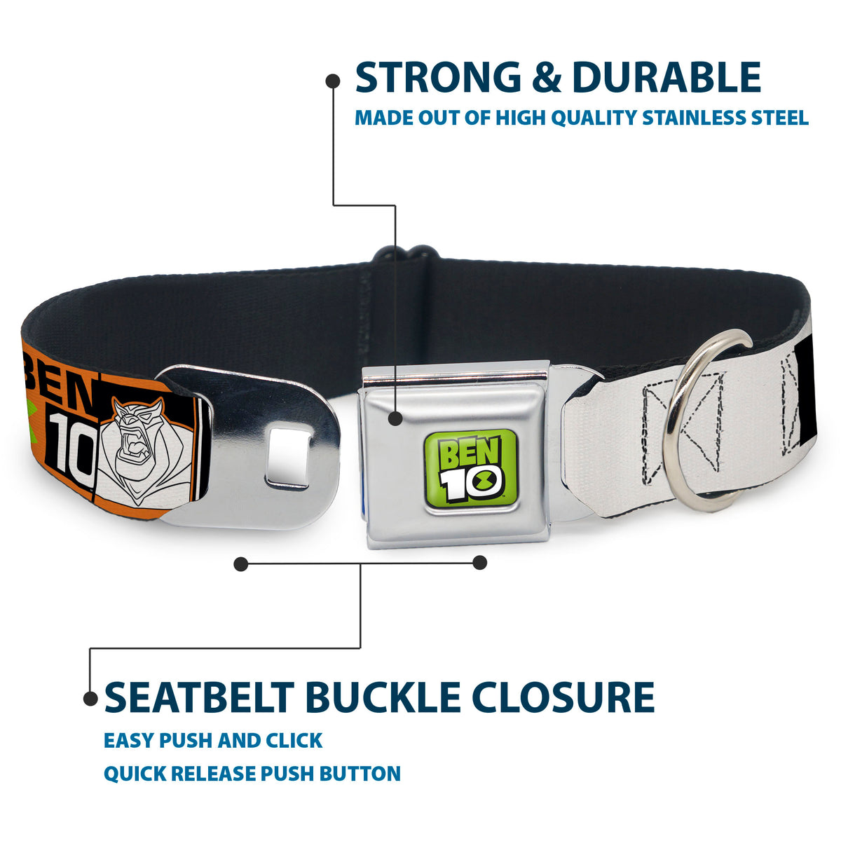 BEN 10 Title Logo Full Color Green/Black/White Seatbelt Buckle Collar - BEN 10 Rath and Title Logo Blocks Orange/Green/Black/White Dog Collars Seatbelt Buckle Ben 10