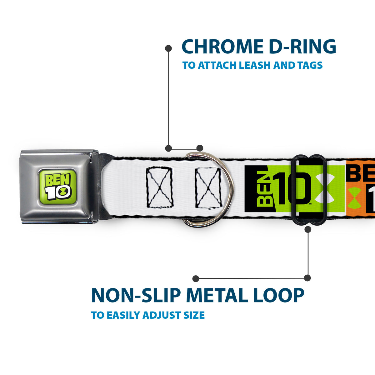 BEN 10 Title Logo Full Color Green/Black/White Seatbelt Buckle Collar - BEN 10 Rath and Title Logo Blocks Orange/Green/Black/White Dog Collars Seatbelt Buckle Ben 10