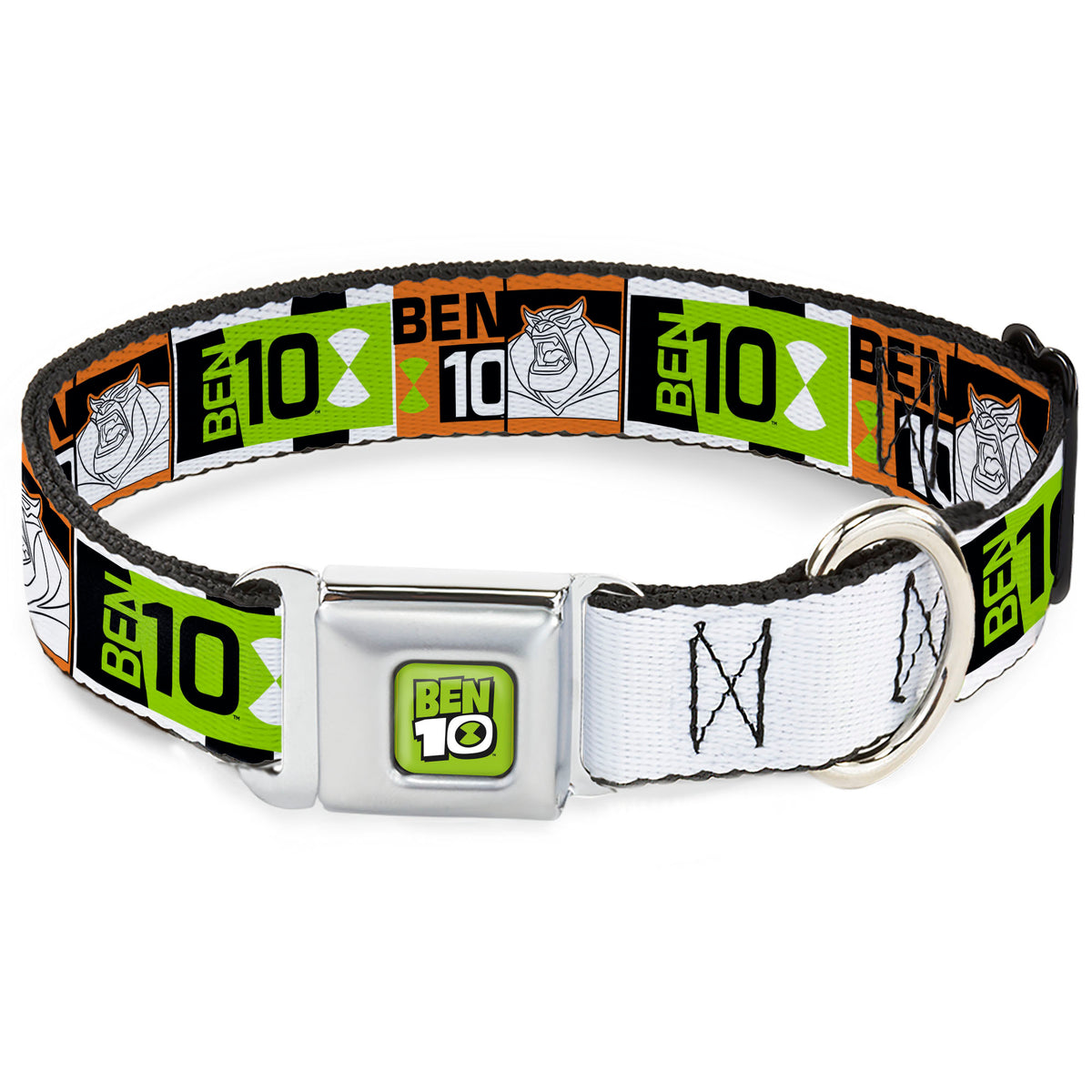 BEN 10 Title Logo Full Color Green/Black/White Seatbelt Buckle Collar - BEN 10 Rath and Title Logo Blocks Orange/Green/Black/White Dog Collars Seatbelt Buckle Ben 10