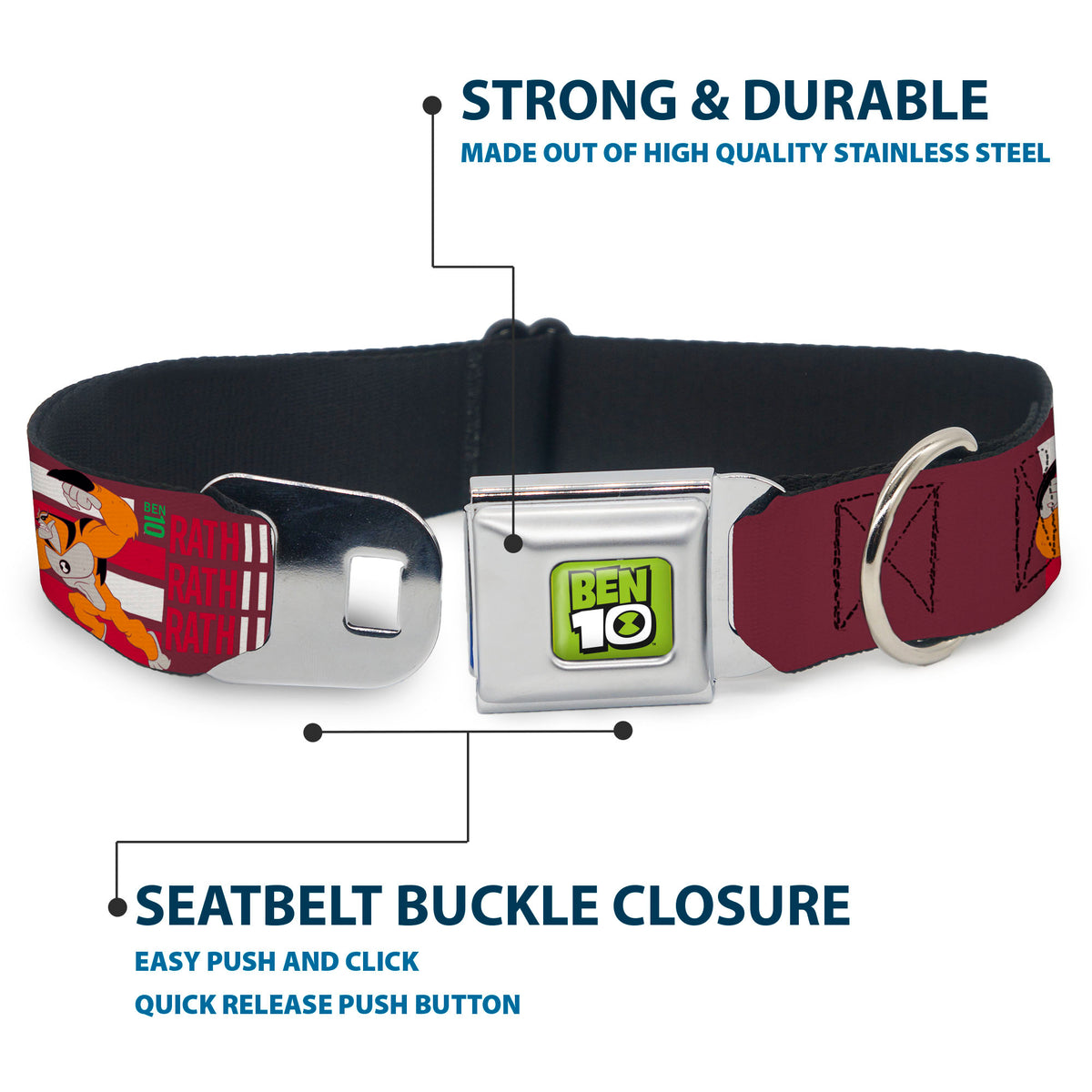 BEN 10 Title Logo Full Color Green/Black/White Seatbelt Buckle Collar - BEN 10 and RATH Text and Poses Reds/White Seatbelt Buckle Collars Ben 10