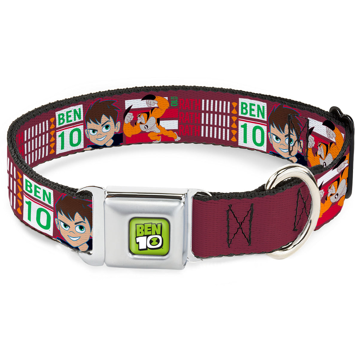 BEN 10 Title Logo Full Color Green/Black/White Seatbelt Buckle Collar - BEN 10 and RATH Text and Poses Reds/White Seatbelt Buckle Collars Ben 10