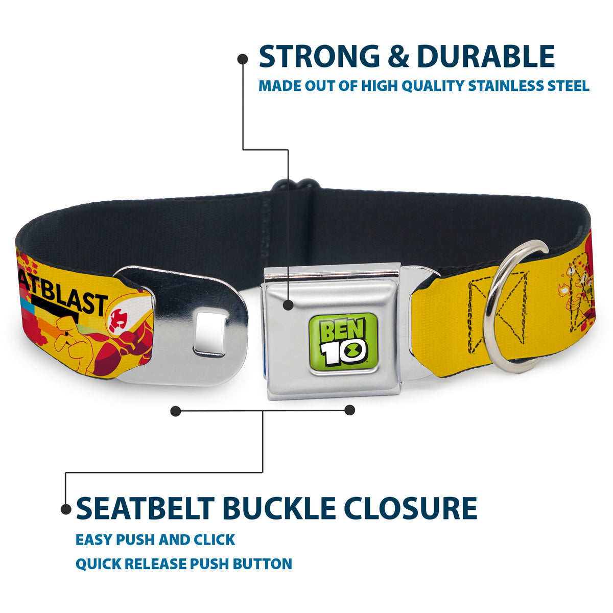 BEN 10 Title Logo Full Color Green/Black/White Seatbelt Buckle Collar - BEN 10 HEATBLAST Poses and Text Yellow/Reds Seatbelt Buckle Collars Ben 10