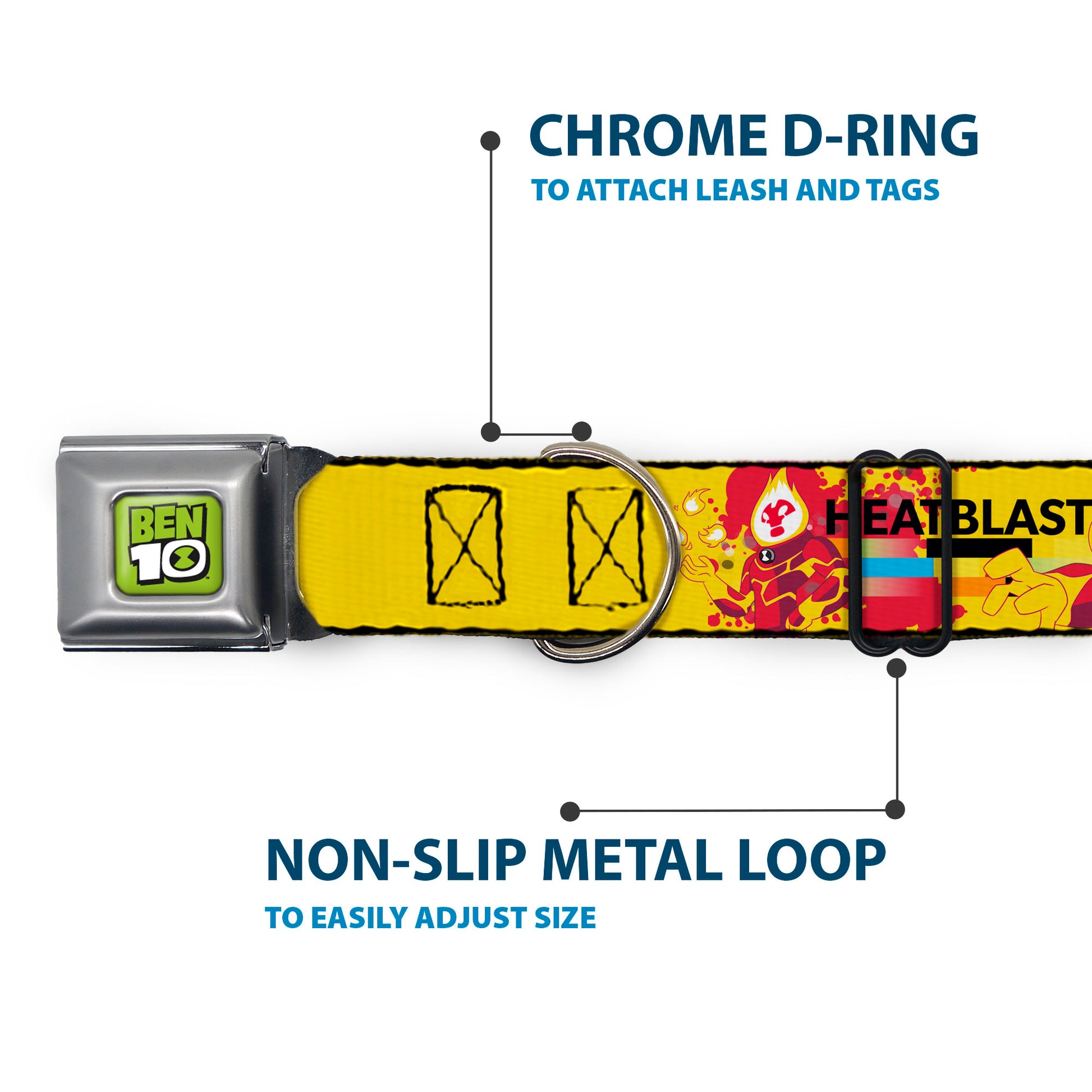 BEN 10 Title Logo Full Color Green/Black/White Seatbelt Buckle Collar - BEN 10 HEATBLAST Poses and Text Yellow/Reds Seatbelt Buckle Collars Ben 10