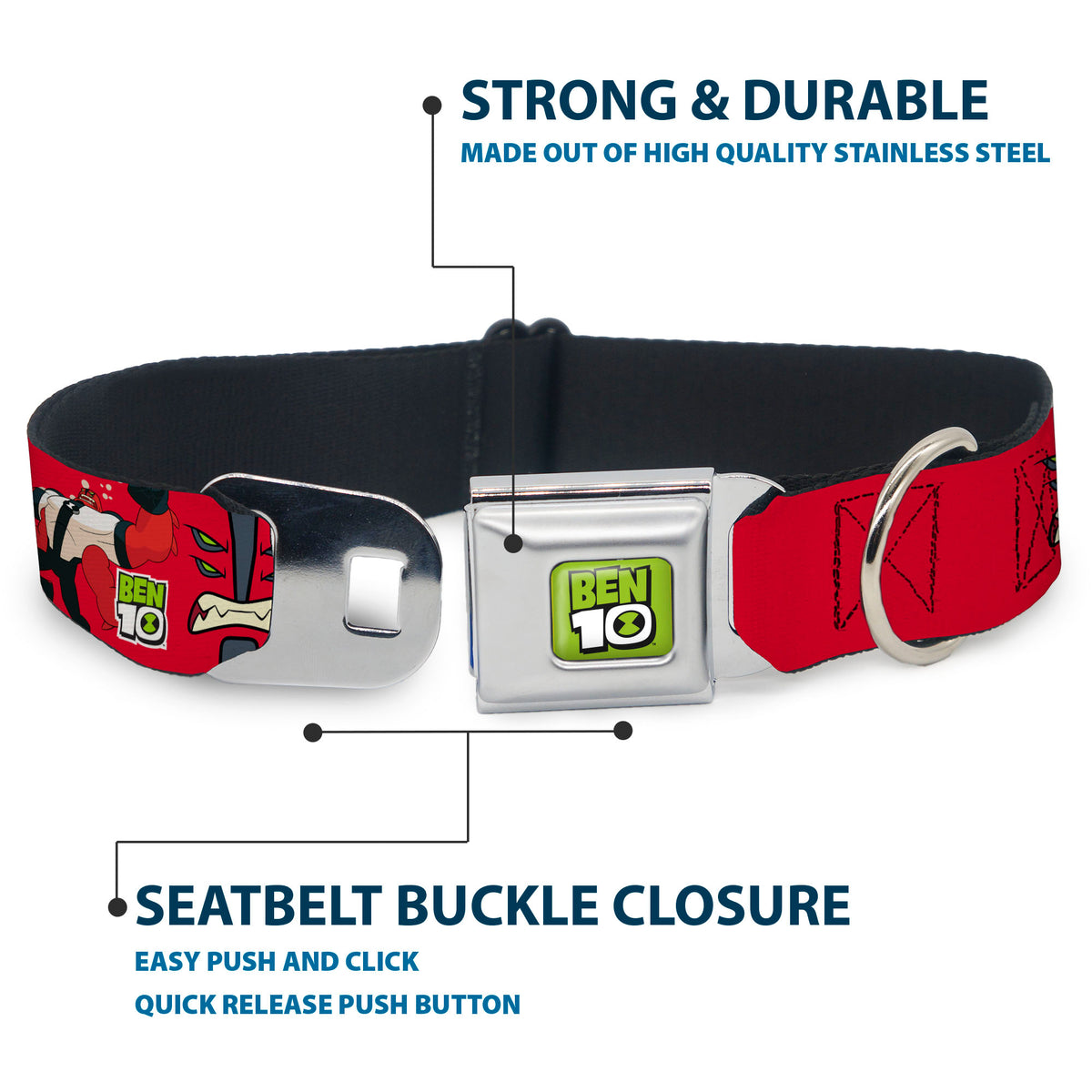 BEN 10 Title Logo Full Color Green/Black/White Seatbelt Buckle Collar - BEN 10 FOUR ARMS Poses and Text Red/Grays Seatbelt Buckle Collars Ben 10