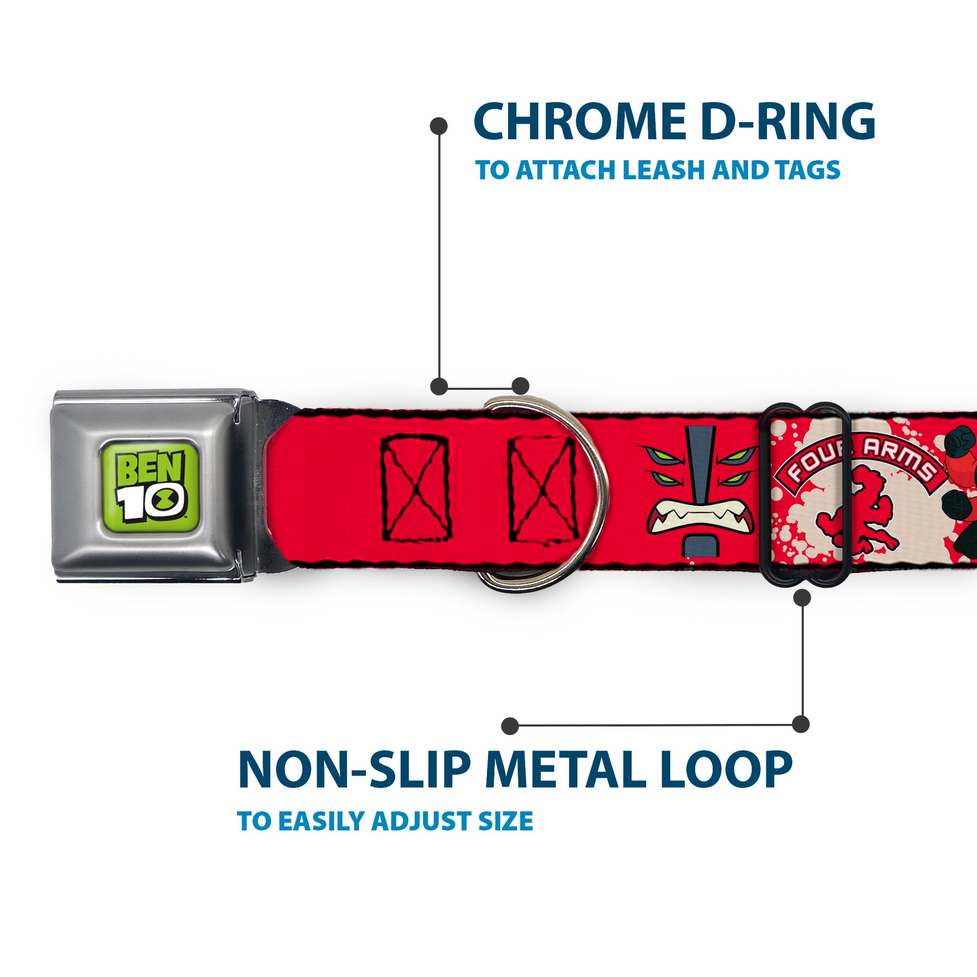 BEN 10 Title Logo Full Color Green/Black/White Seatbelt Buckle Collar - BEN 10 FOUR ARMS Poses and Text Red/Grays Seatbelt Buckle Collars Ben 10
