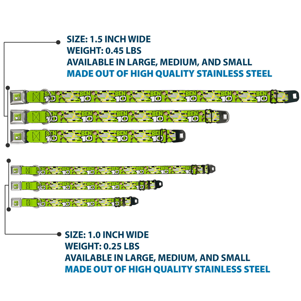 BEN 10 Title Logo Full Color Green/Black/White Seatbelt Buckle Collar - BEN 10 Pose and Title Logo Green/Yellow/Black/White Seatbelt Buckle Collars Ben 10