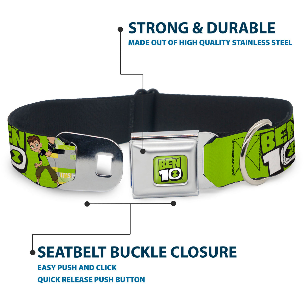 BEN 10 Title Logo Full Color Green/Black/White Seatbelt Buckle Collar - BEN 10 Pose and Title Logo Green/Yellow/Black/White Seatbelt Buckle Collars Ben 10