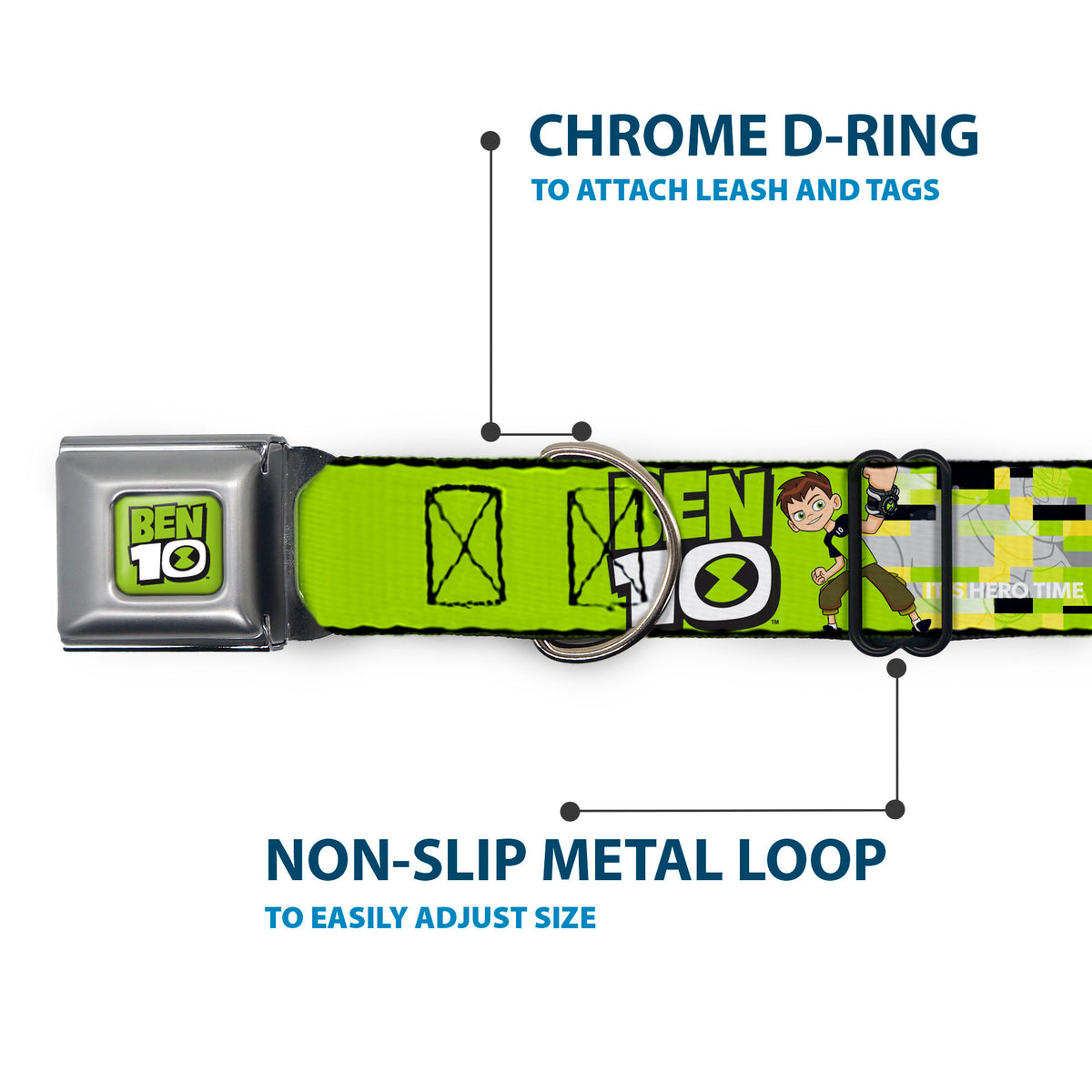 BEN 10 Title Logo Full Color Green/Black/White Seatbelt Buckle Collar - BEN 10 Pose and Title Logo Green/Yellow/Black/White Seatbelt Buckle Collars Ben 10