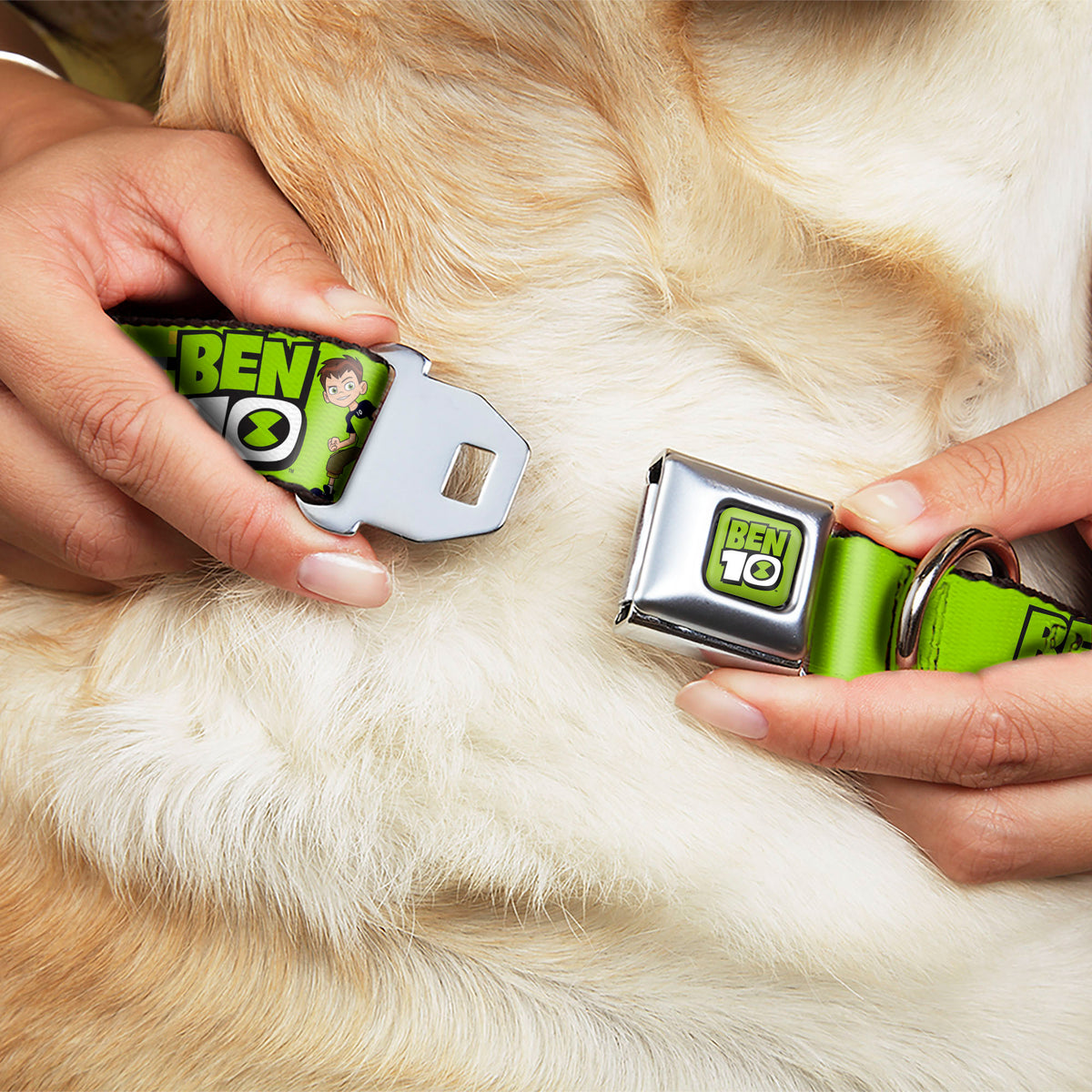 BEN 10 Title Logo Full Color Green/Black/White Seatbelt Buckle Collar - BEN 10 Pose and Title Logo Green/Yellow/Black/White Seatbelt Buckle Collars Ben 10