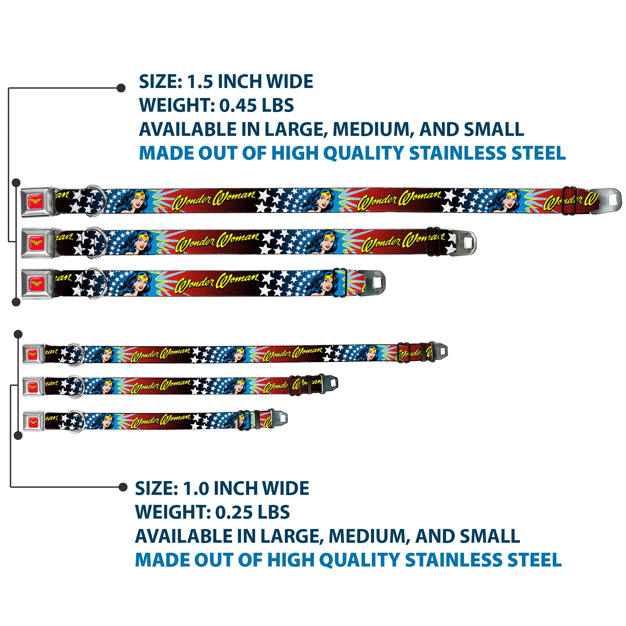 Wonder Woman Logo Full Color Red Seatbelt Buckle Collar - Wonder Woman Face w/Stars Seatbelt Buckle Collars DC Comics