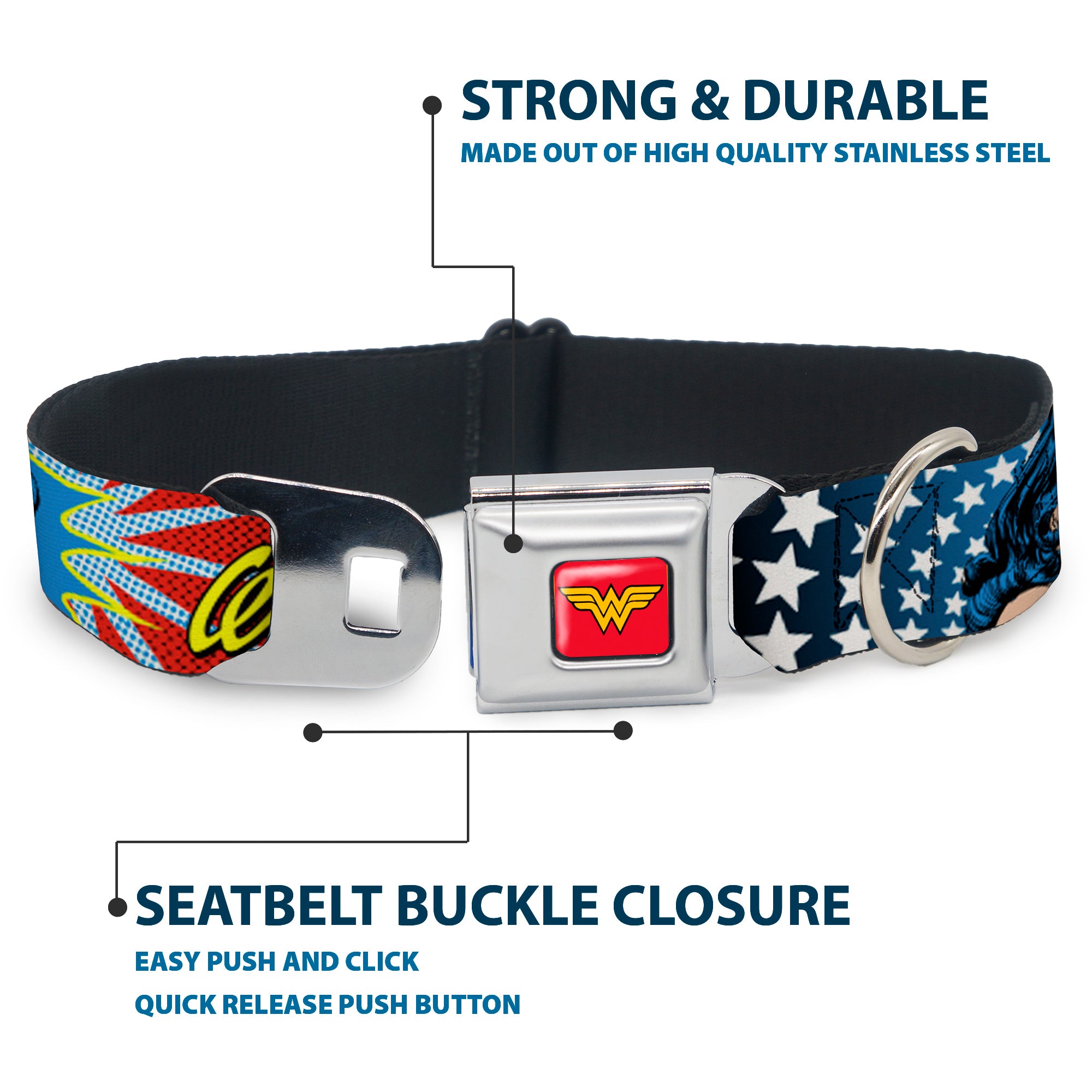 Wonder Woman Logo Full Color Red Seatbelt Buckle Collar - Wonder Woman Face w/Stars Seatbelt Buckle Collars DC Comics