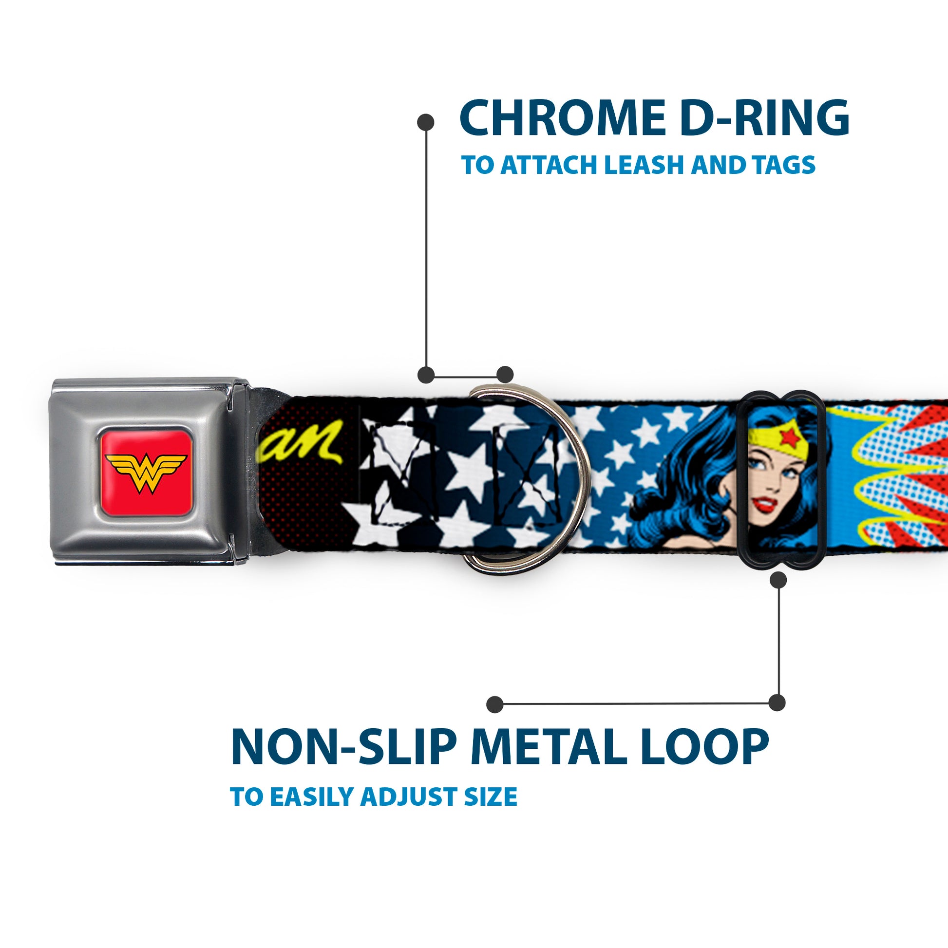 Wonder Woman Logo Full Color Red Seatbelt Buckle Collar - Wonder Woman Face w/Stars Seatbelt Buckle Collars DC Comics