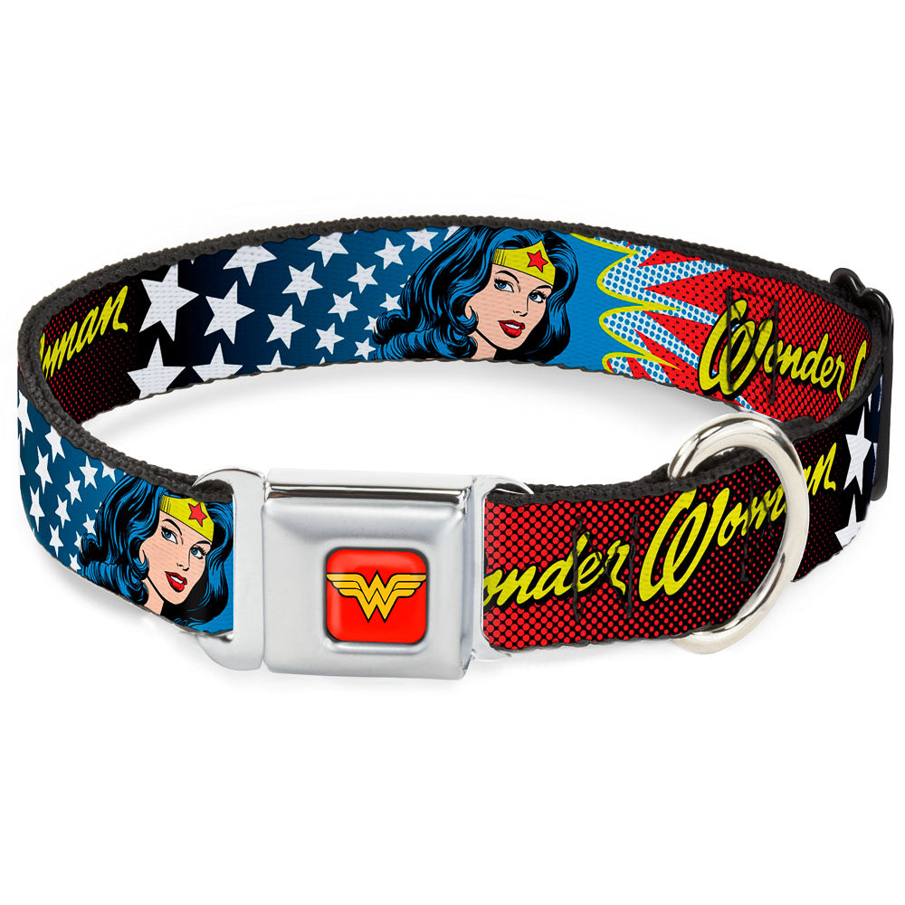 Wonder Woman Logo Full Color Red Seatbelt Buckle Collar - Wonder Woman Face w/Stars Seatbelt Buckle Collars DC Comics
