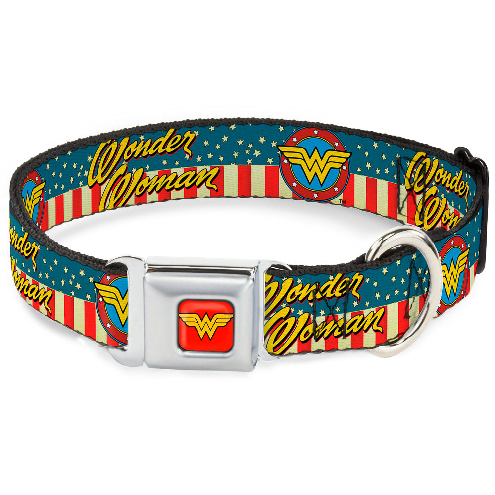 Wonder Woman Logo Full Color Red Seatbelt Buckle Collar - WONDER WOMAN/Logo Americana Red/White/Blue/Yellow Seatbelt Buckle Collars DC Comics