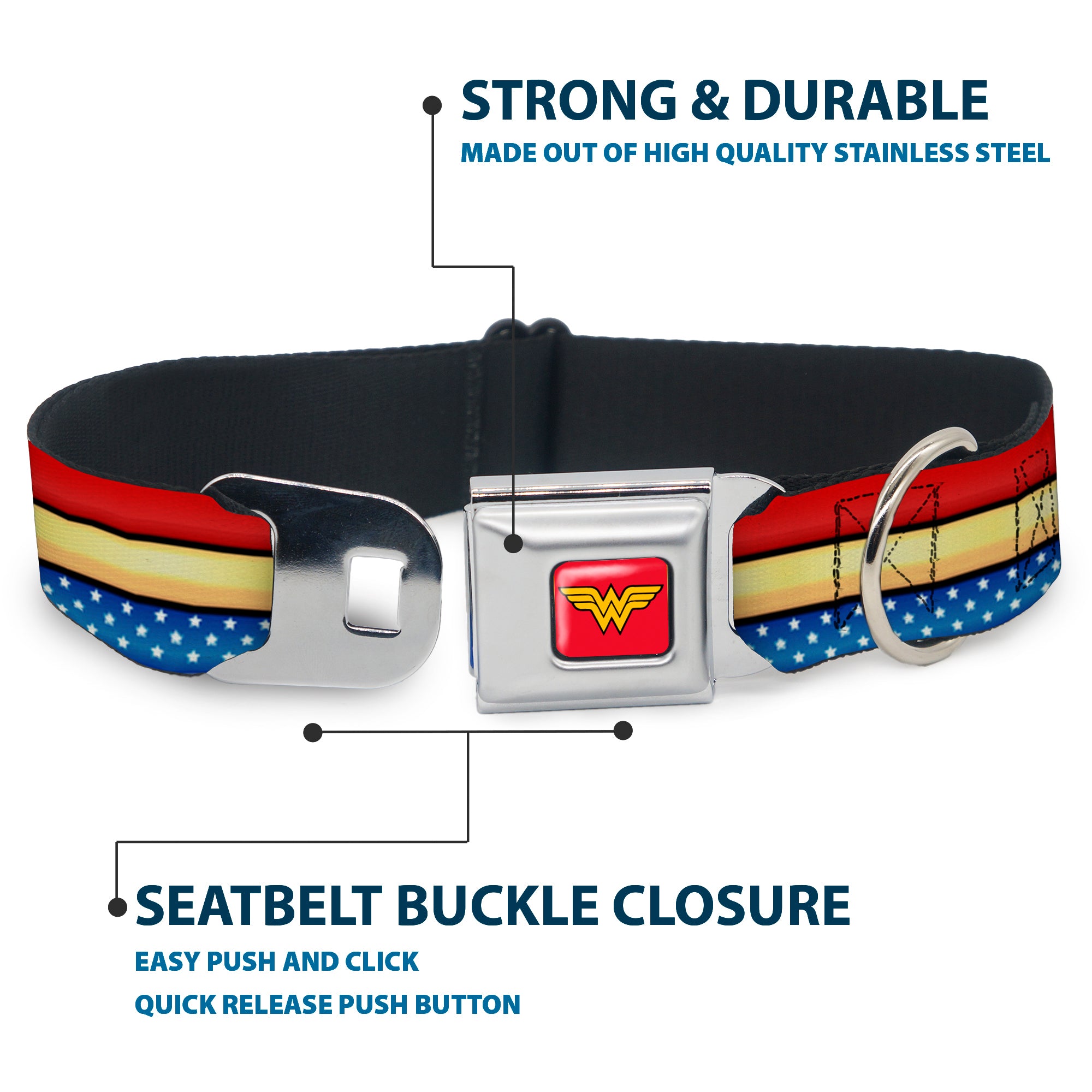 Wonder Woman Logo Full Color Red Seatbelt Buckle Collar - Wonder Woman Stripe/Stars Red/Gold/Blue/White Seatbelt Buckle Collars DC Comics