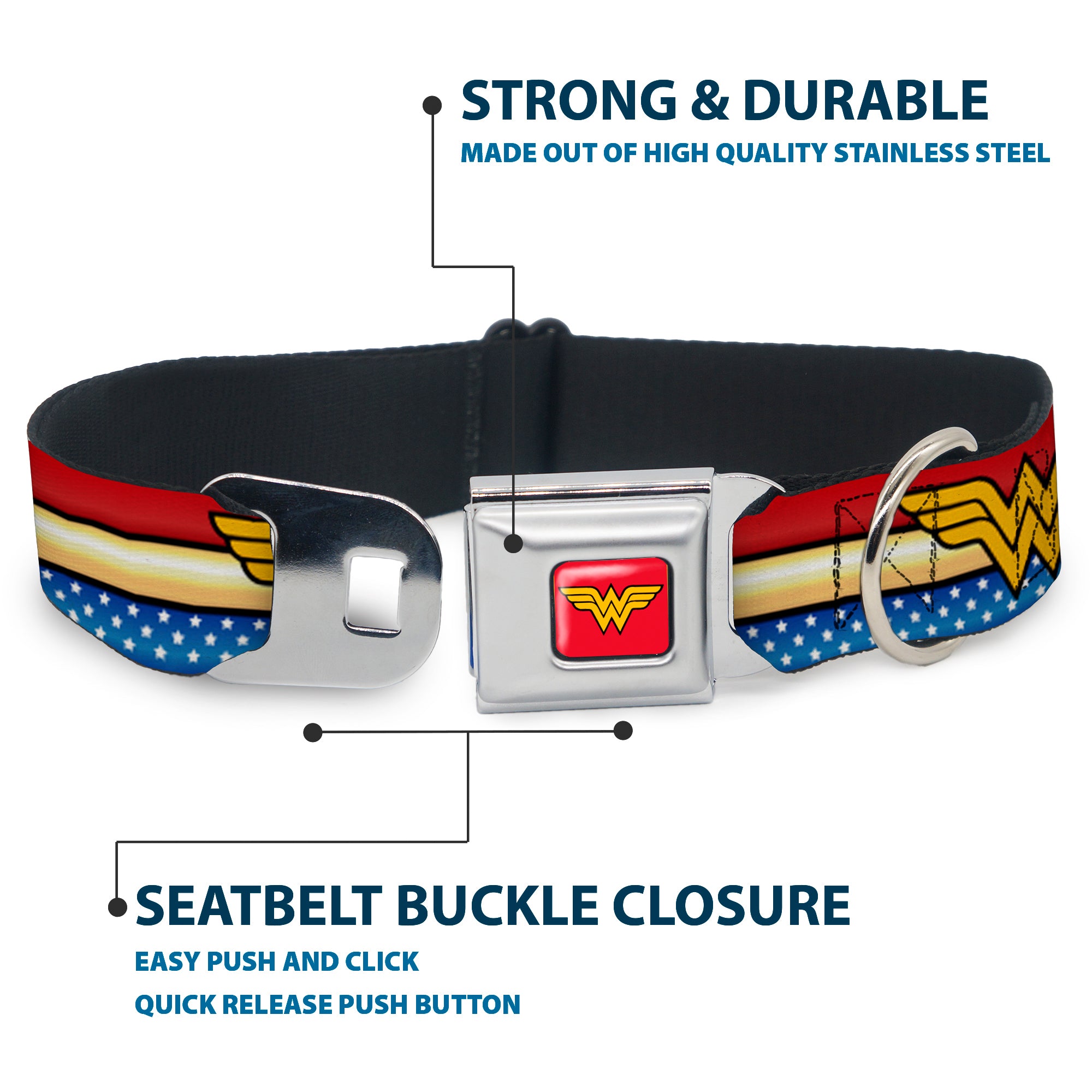 Wonder Woman Logo Full Color Red Seatbelt Buckle Collar - Wonder Woman Logo Stripe/Stars Red/Gold/Blue/White Seatbelt Buckle Collars DC Comics