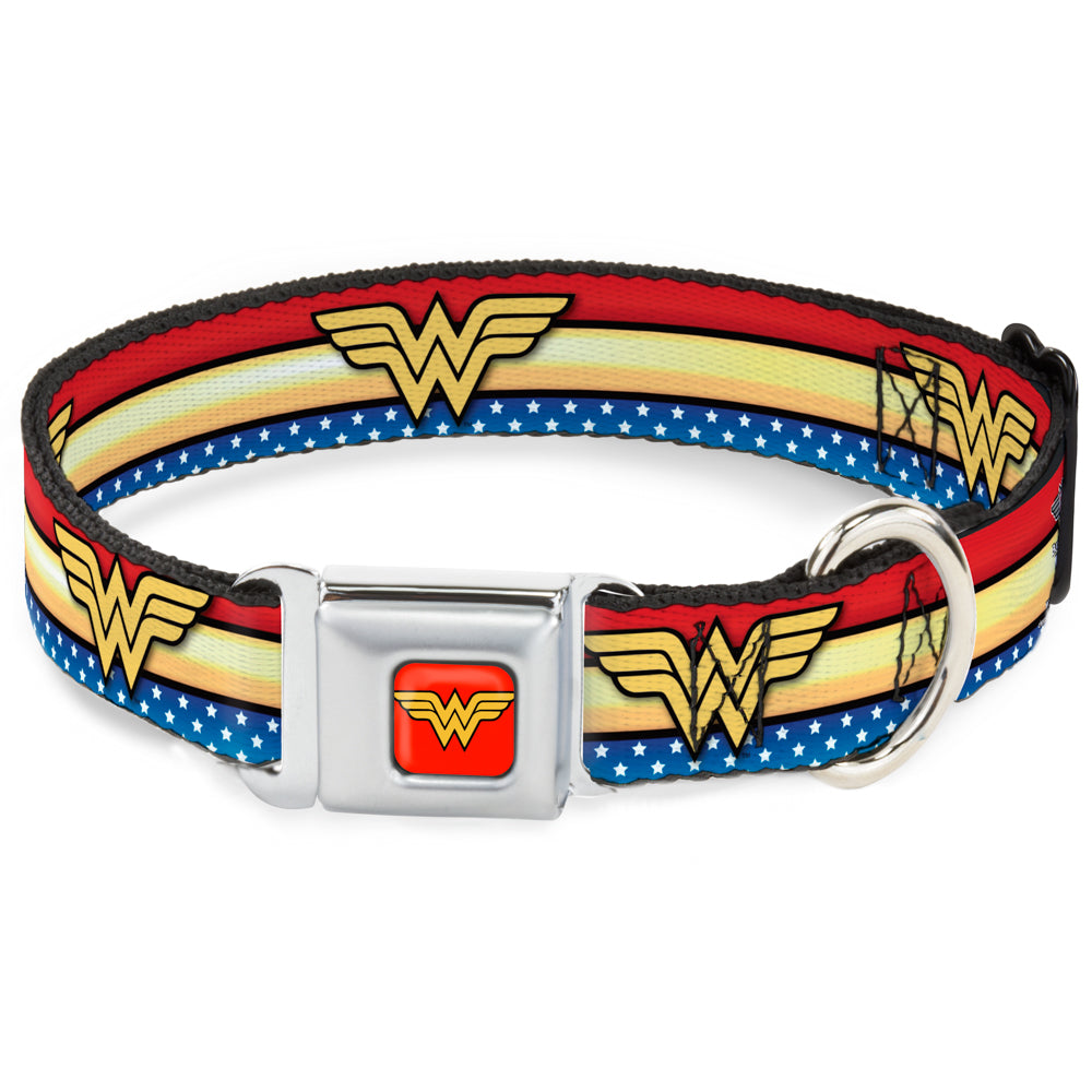 Wonder Woman Logo Full Color Red Seatbelt Buckle Collar - Wonder Woman Logo Stripe/Stars Red/Gold/Blue/White Seatbelt Buckle Collars DC Comics