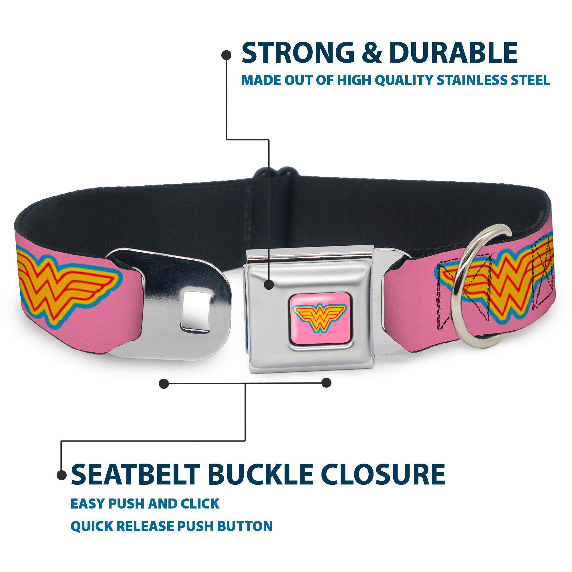 Wonder Woman Logo Pink/Blue/Yellow/Pink Seatbelt Buckle Collar - Wonder Woman Logo Pink/Blue/Yellow/Pink Seatbelt Buckle Collars DC Comics