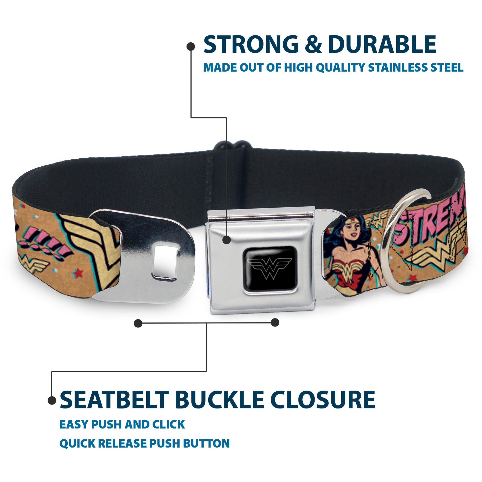 Wonder Woman Black/Silver Seatbelt Buckle Collar - Wonder Woman Strength & Power Seatbelt Buckle Collars DC Comics