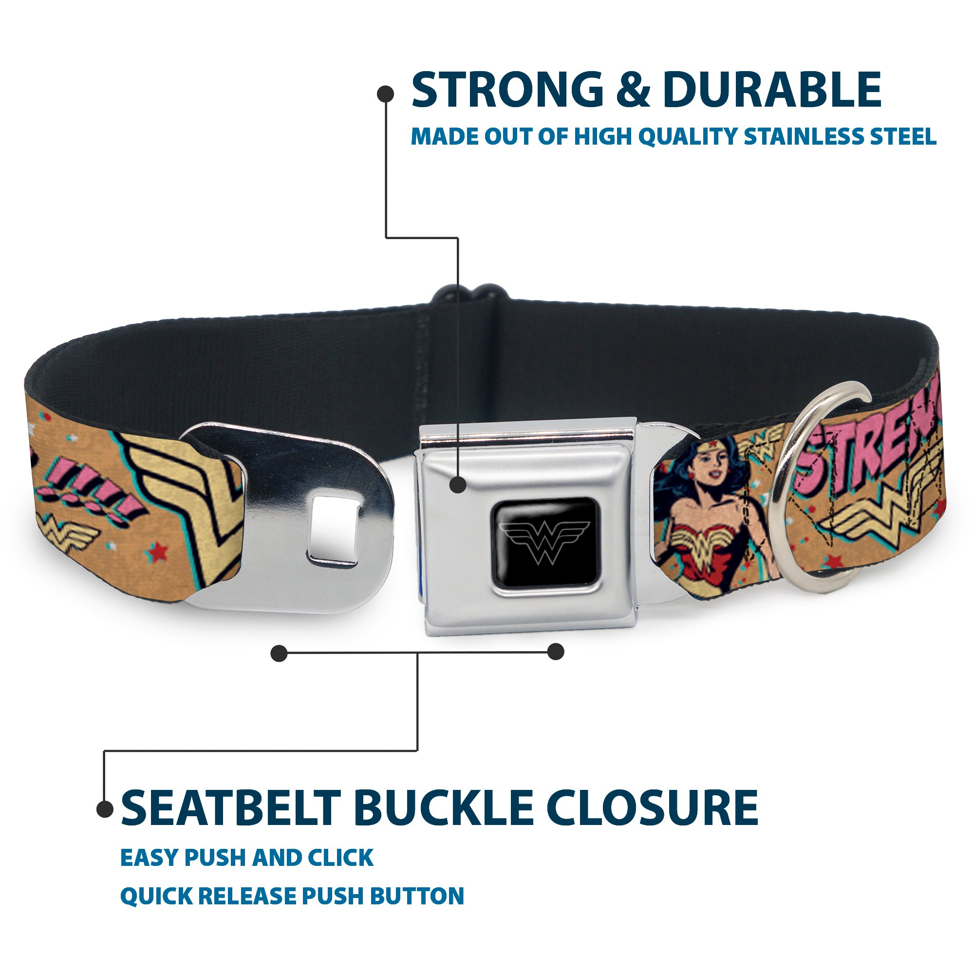 Wonder Woman Black/Silver Seatbelt Buckle Collar - Wonder Woman Strength & Power Seatbelt Buckle Collars DC Comics
