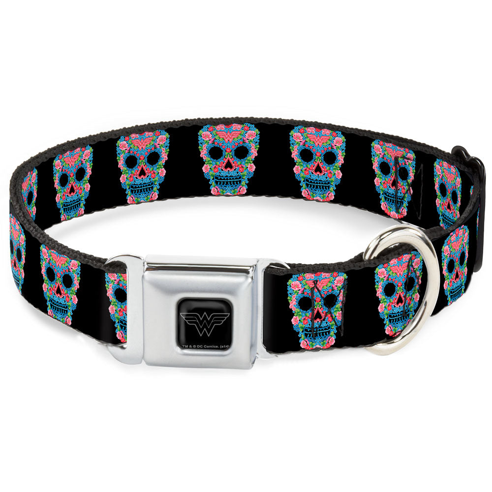 Wonder Woman Black Silver Seatbelt Buckle Collar - Wonder Woman Floral Skull Black/Multi Pastel Seatbelt Buckle Collars DC Comics