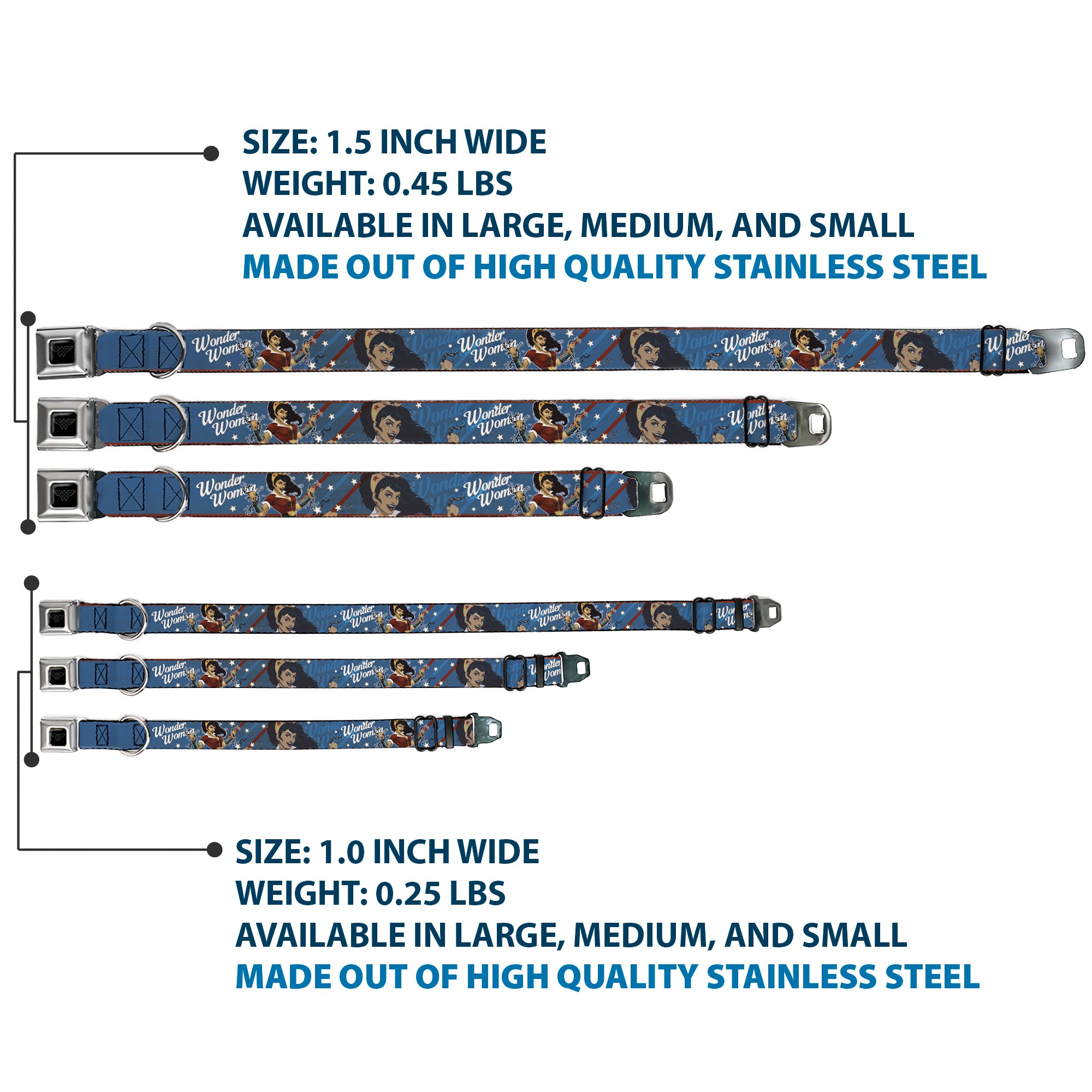 Wonder Woman Logo Black/Silver Seatbelt Buckle Collar - WONDER WOMAN/Bombshell Pose Blue/Red/White Seatbelt Buckle Collars DC Comics