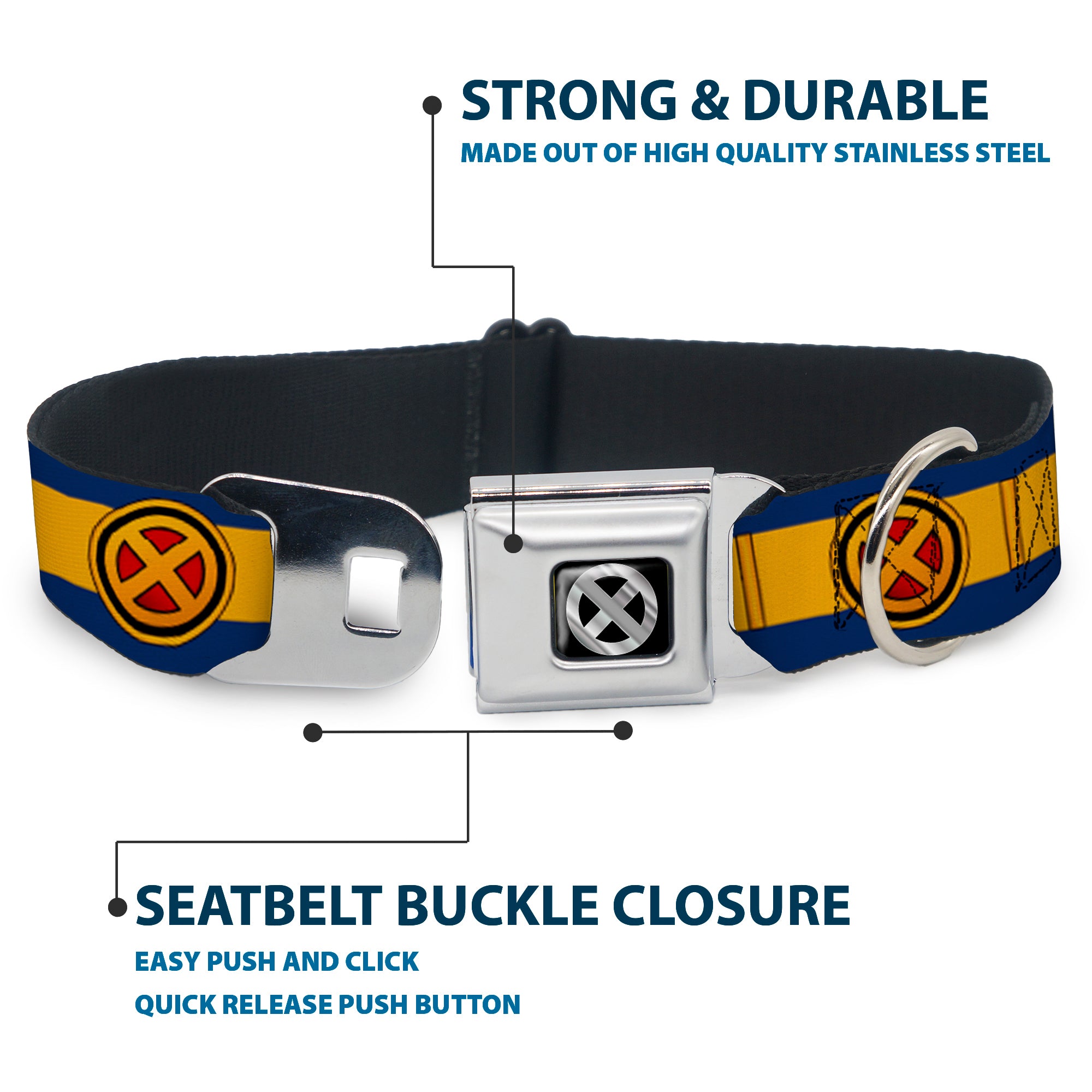 X-Men Icon Black/Silver Gradient Seatbelt Buckle Collar - X-Men Cyclops Utility Strap Blue/Gold/Black/Red Seatbelt Buckle Collars Marvel Comics
