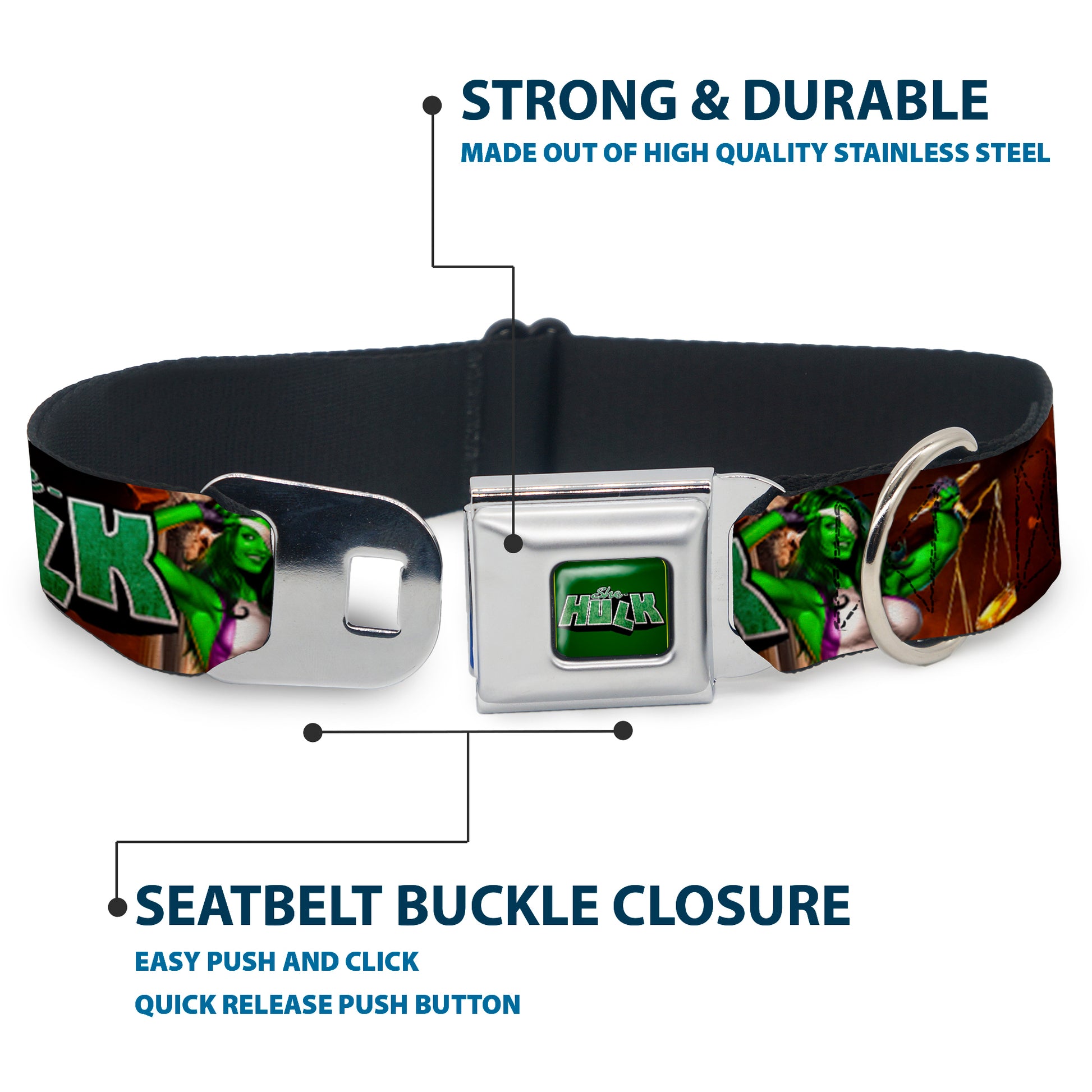 MARVEL UNIVERSE SHE-HULK Logo Full Color Greens Seatbelt Buckle Collar - SHE-HULK Comic Book Cover Poses/Rocks Seatbelt Buckle Collars Marvel Comics