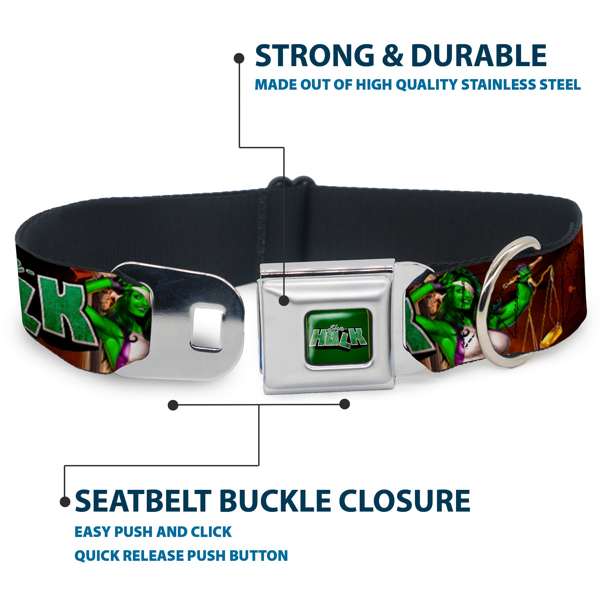 MARVEL UNIVERSE SHE-HULK Logo Full Color Greens Seatbelt Buckle Collar - SHE-HULK Comic Book Cover Poses/Rocks Seatbelt Buckle Collars Marvel Comics