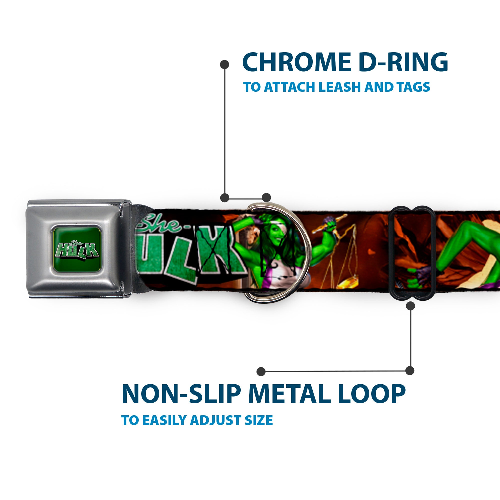 MARVEL UNIVERSE SHE-HULK Logo Full Color Greens Seatbelt Buckle Collar - SHE-HULK Comic Book Cover Poses/Rocks Seatbelt Buckle Collars Marvel Comics